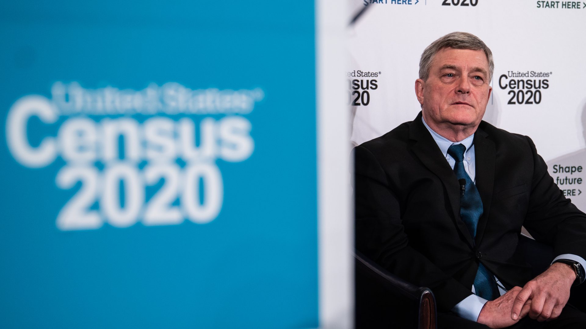 Census Bureau Director Steven Dillingham appears at a 2020 census event in April 2019. He says despite concerns, the bureau is on track to carry out the first primarily online U.S. census with enough workers.