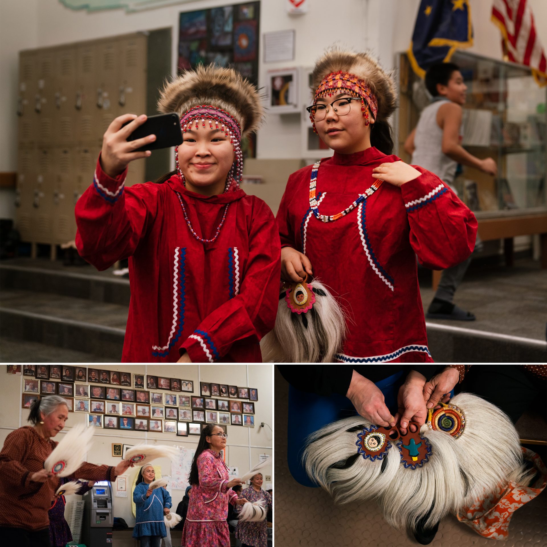 Top: Keziah Therchik (left) and Angel Charles take a selfie before performing Yup'ik dancing in Toksook Bay. Left: Dora Nicholai (in pink) dances at a community center, where portraits of the community's elders hang on a wall. Right: Women show Yup'ik dance fans.