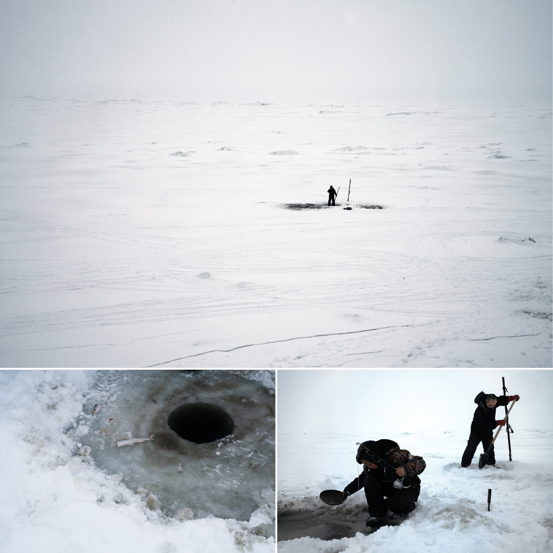 Top: Mick Chakuchin stands on the ice at the edge of Toksook Bay to fish for smelt. Left: Part of a bait fish at the edge of an ice fishing hole. Right: Chakuchin and his uncle, Jackie Woods, work on opening and keeping open holes in the ice from which they hope to catch smelts.
