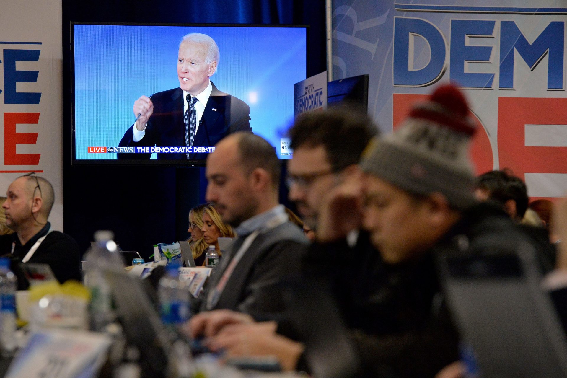 Democratic presidential hopeful former Vice President Joe Biden is seen on a screen in the spin room during debate.