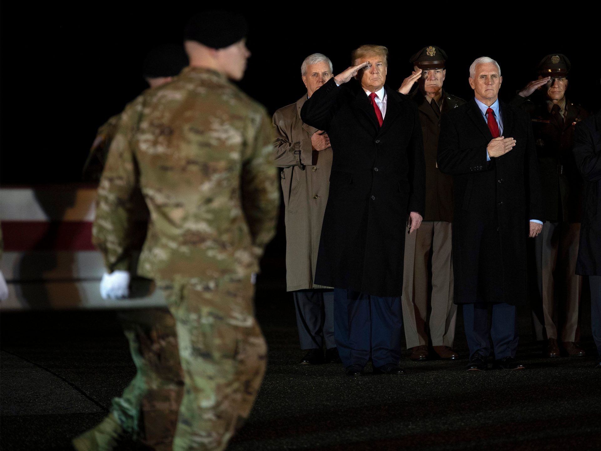 President Trump and Vice President Pence observe the dignified transfer of two U.S. soldiers, killed in Afghanistan, at Dover Air Force Base.
