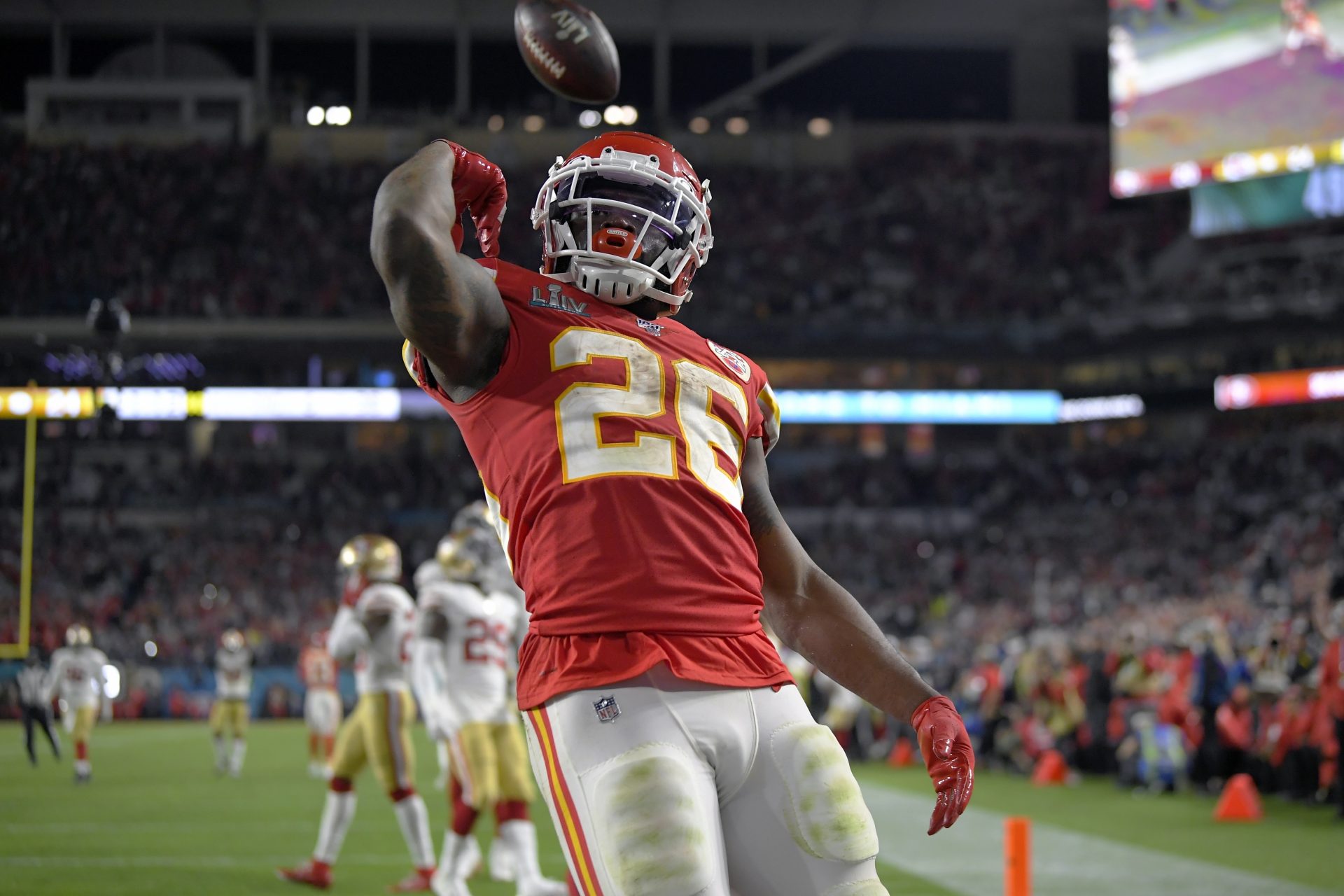 Kansas City Chiefs' Damien Williams celebrates his touchdown against the San Francisco 49ers during the second half of the NFL Super Bowl 54 football game Sunday, Feb. 2, 2020, in Miami Gardens, Fla.