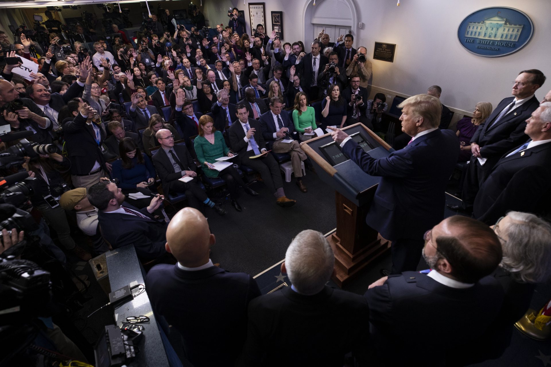 President Donald Trump, with members of the president's coronavirus task force, speaks during a news conference in the Brady Press Briefing Room of the White House, Wednesday, Feb. 26, 2020, in Washington.