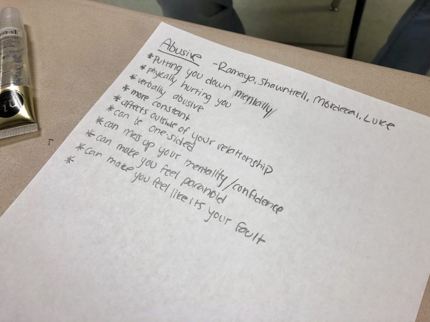 A list of the characteristics of an abusive relationship is made by students in small groups during a lesson by teachers from the nonprofit Raphael House, at Central Catholic High School in Portland, Ore., on April 15, 2019. “#MeToo has brought the issue of consent into the national spotlight, but it’s abundantly clear that people still struggle with the culture shift that’s happening,” said Jennifer Driver, state policy director of the Sexuality Information and Education Council of the United States, which favors liberal sex ed policies. 