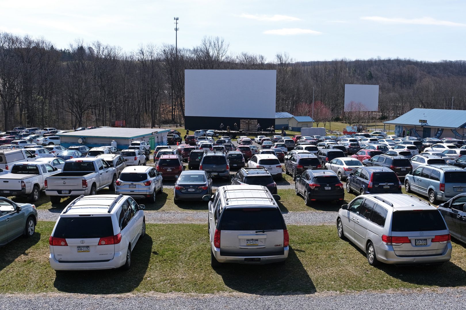 Bethany Wesleyan Church holds Sunday worship service Mar. 22, 2020, at Becky's Drive-In in Walnutport, Pennsylvania. Concerns over the coronavirus have closed churches in an effort to avoid gatherings of large crowds. 