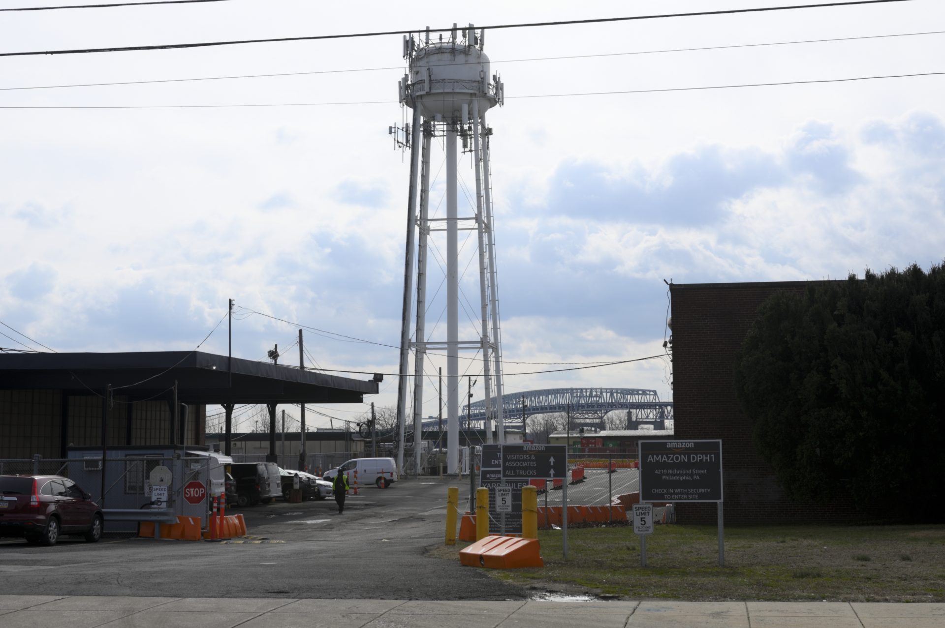 The entrance to an Amazon delivery facility near the Betsy Ross Bridge in the southwestern section of Bridesburg.