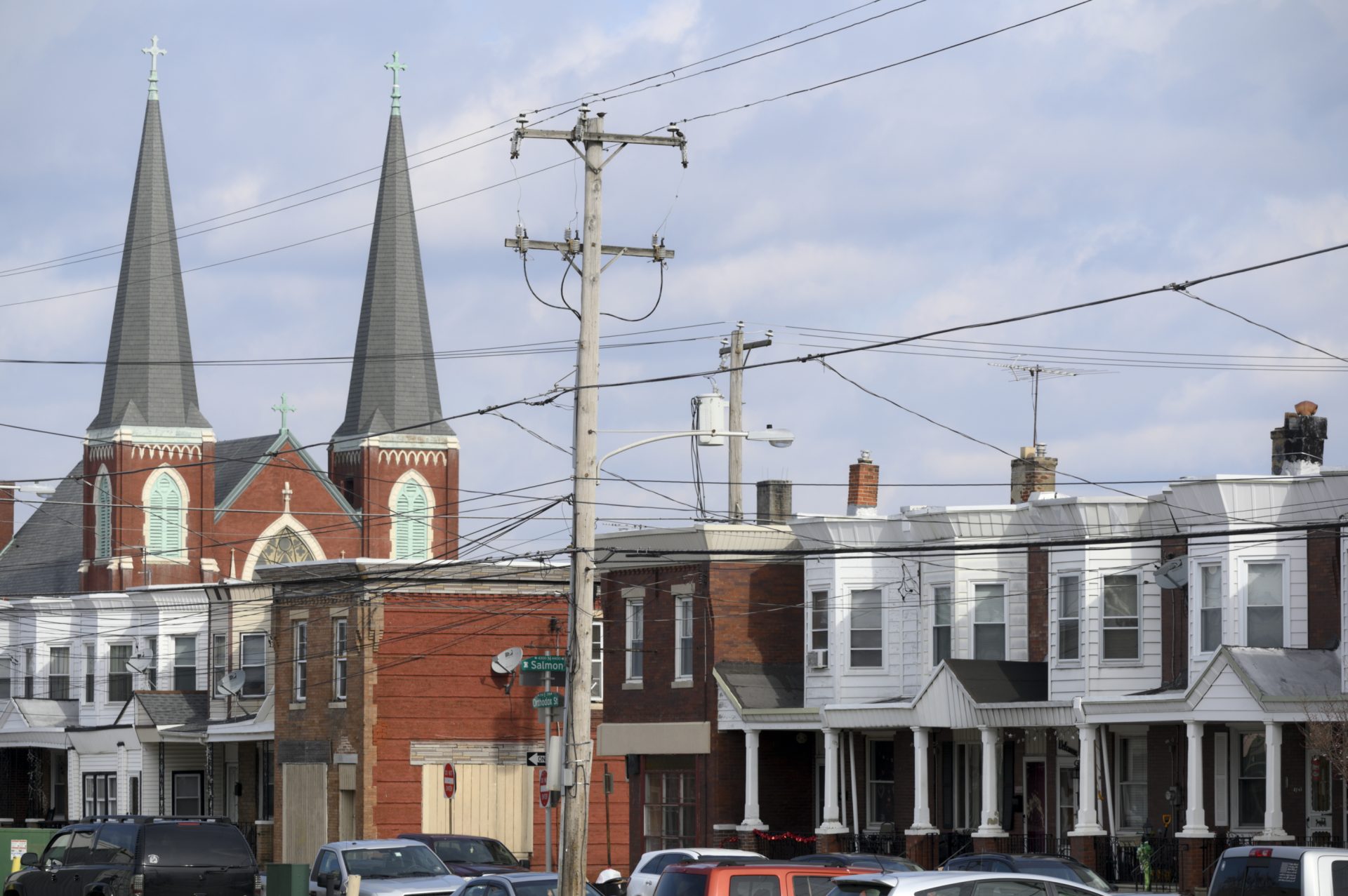 St John Cantius Church and row homes in the Bridesburg neighborhood of Philadelphia.