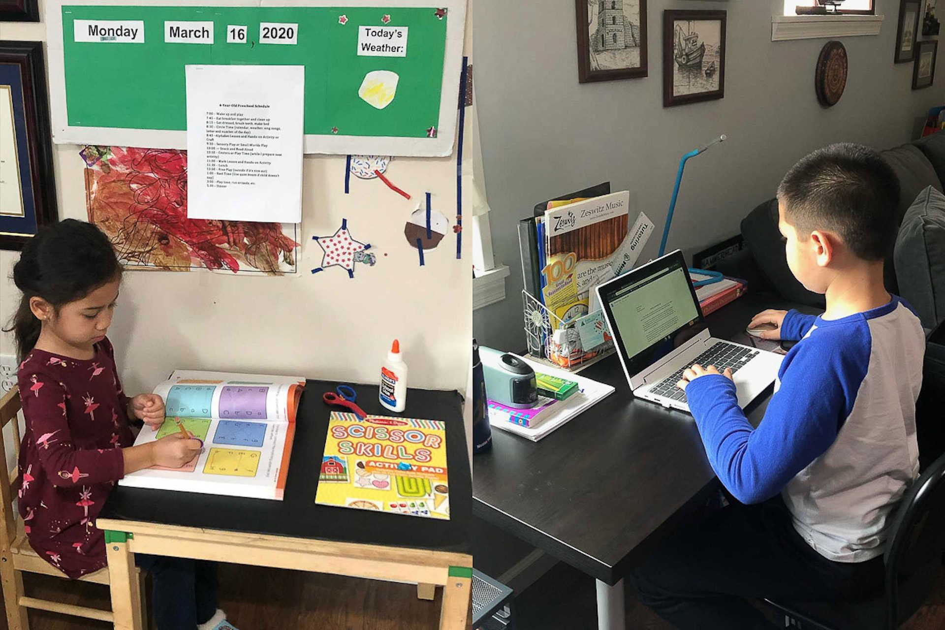 Katherine Young made her children their own workspaces and schedules while they’re off from school.