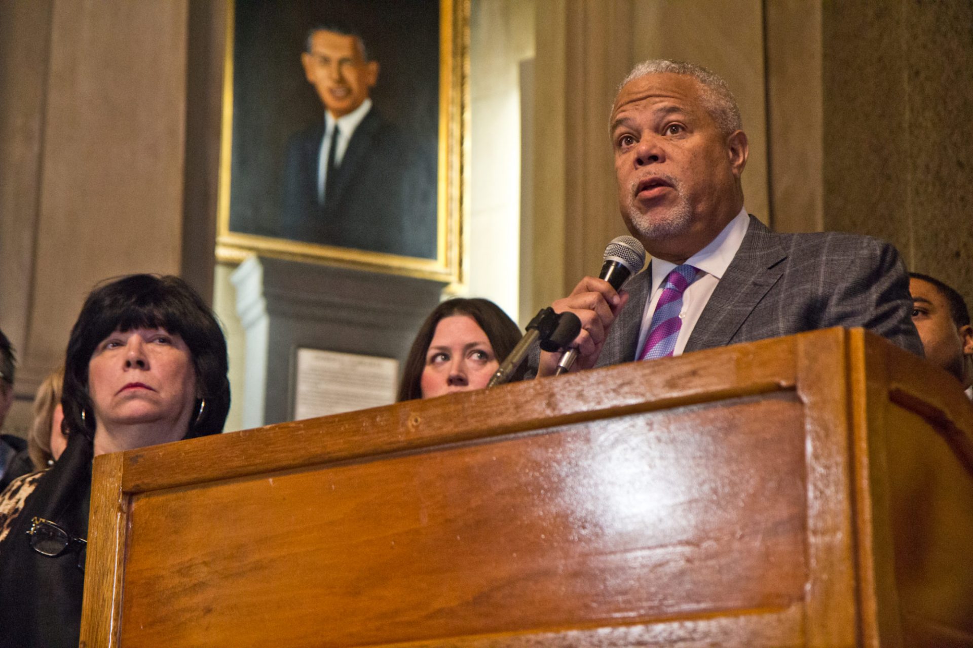 State senator Anthony Williams speaks at a press conference with other local officials about Senate Bill 933 which would prohibit supervised infection sites unless they are authorized by local governments.