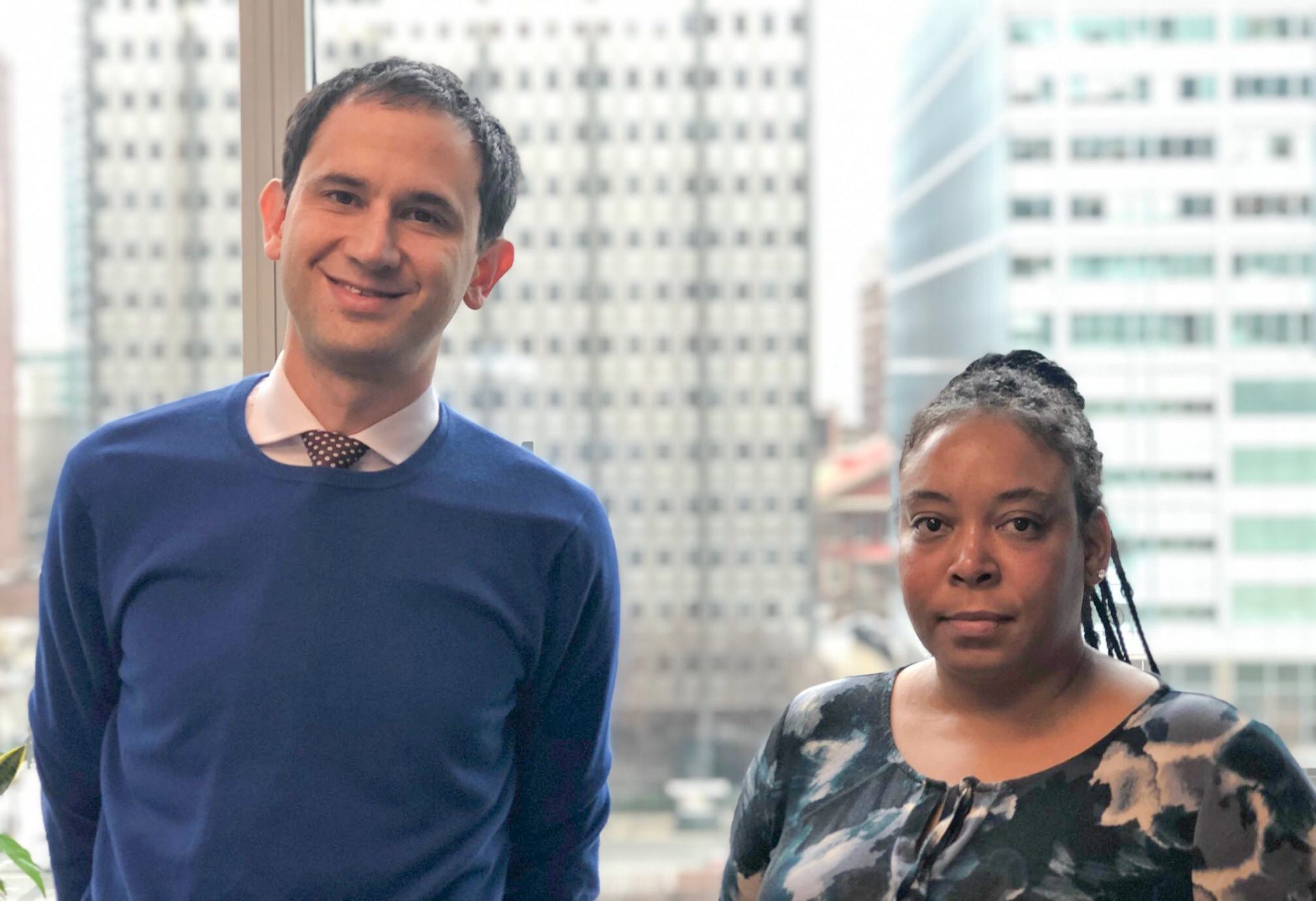 Ben Geffen, a staff attorney with the Public Interest Law Center (left) and Kimberly Burrell, a mother and advocate who will testify to defend Philadelphia’s lost and stolen gun law.