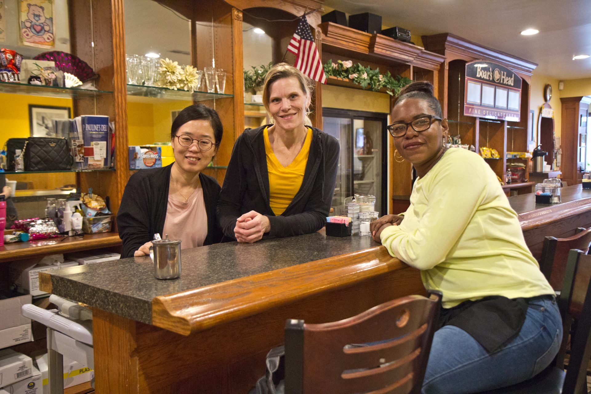 Pauline’s Deli owner Anna Shin (left), stands around with waitstaff Amy Gentile (center) and Andrew Stewart (right) in the midst of recommended closures in Montgomery County.