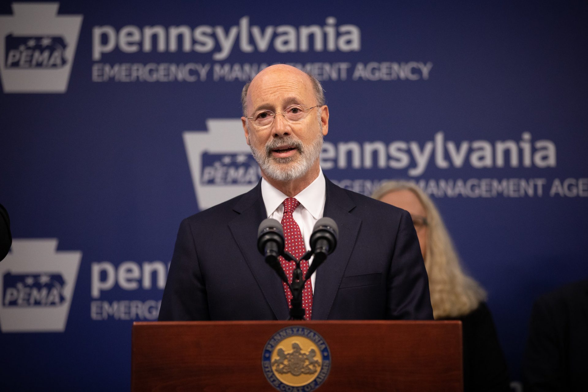 Governor Tom Wolf speaking to the press. Governor Tom Wolf and Secretary of Health Dr. Rachel Levine this afternoon provided an update on the state’s COVID-19 mitigation efforts, including one new presumptive positive case in Pike County, bringing the state’s total to 22, and guidance on how to reduce the spread of the virus.Harrisburg, PA March 12, 2020.