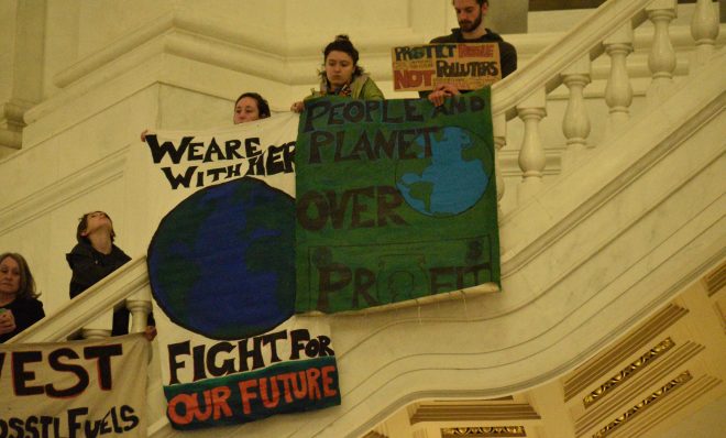 Opponents of House Bill 1100 gather in the state Capitol on March 9, 2020.