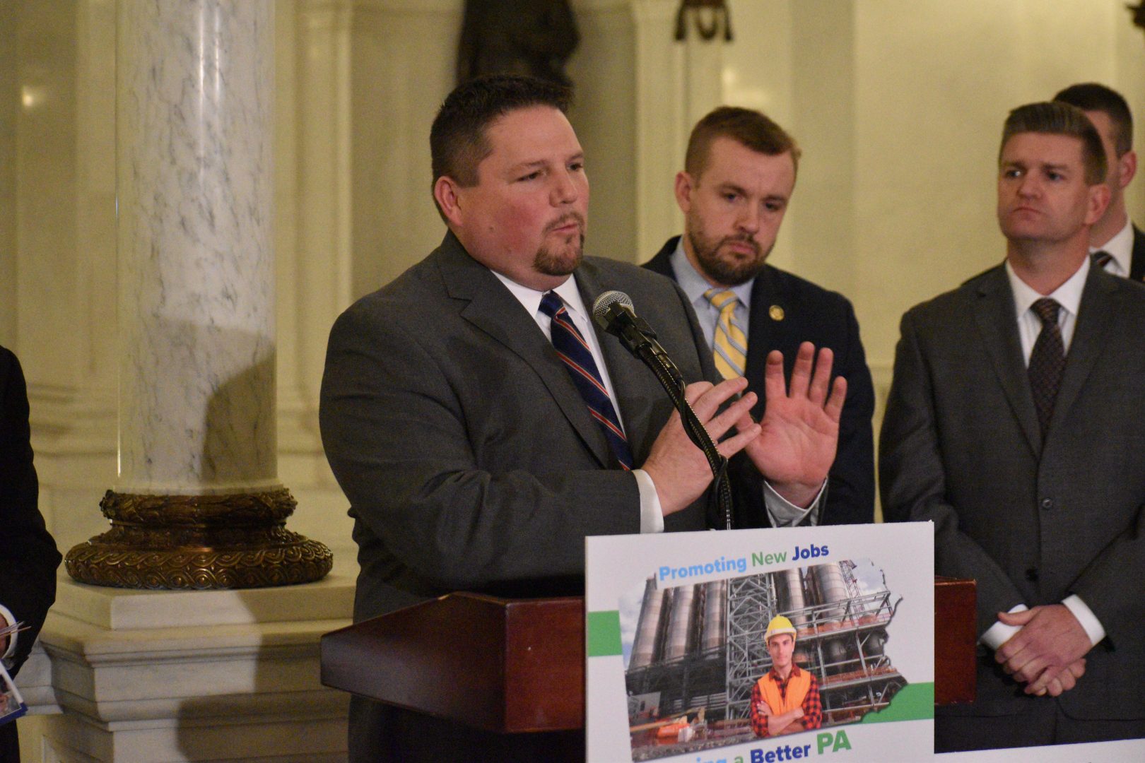 State Rep. Gerald Mullery (D-Luzerne) speaks in support of House Bill 1100 during a news conference at the state Capitol on March 9, 2020.