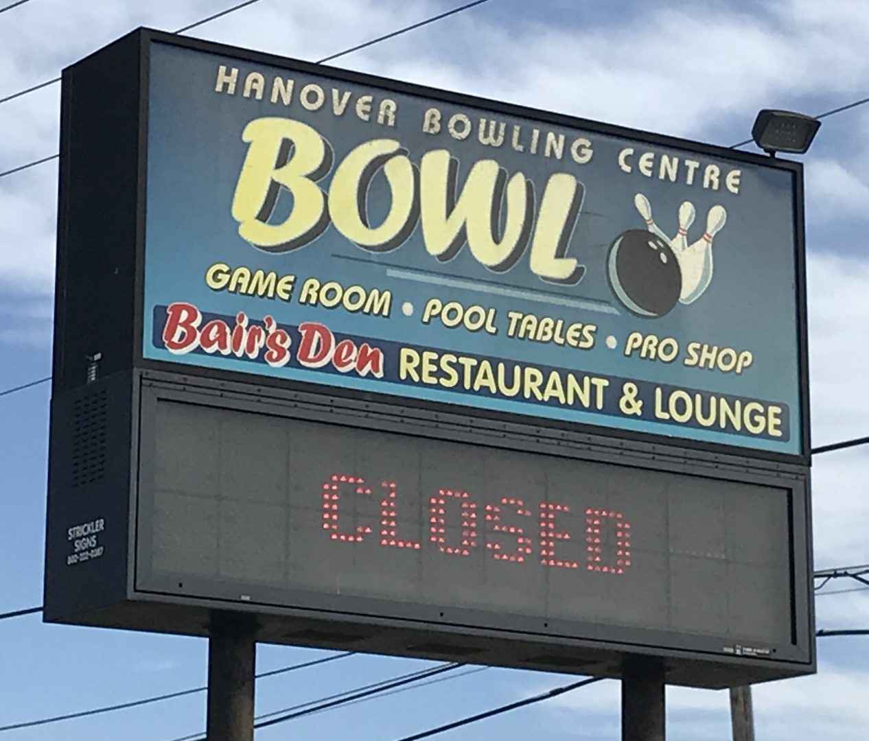 Entertainment businesses are among those shut down by Pennsylvania Gov. Tom Wolf during the coronavirus pandemic. The Hanover Bowling Centre is shown Saturday, March 21, 2020.