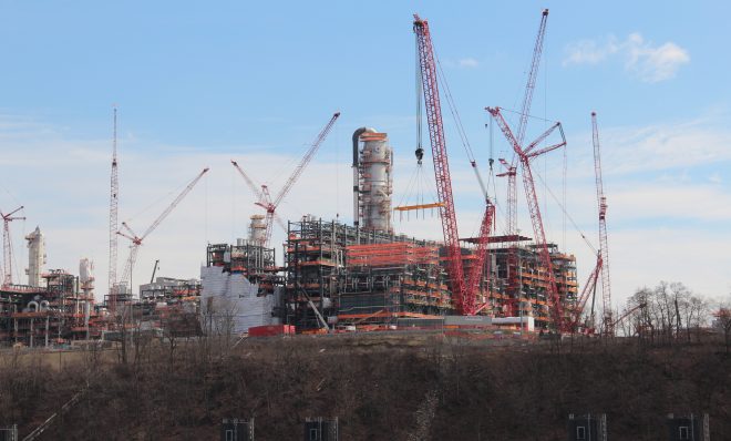 Shell's multi-billion dollar ethane cracker under construction in Beaver County, Pa., in February, 2020, will be permitted to  make 1.7 million tons of plastic and emit over 2 million tons of carbon dioxide per year. Photo: Reid R. Frazier
