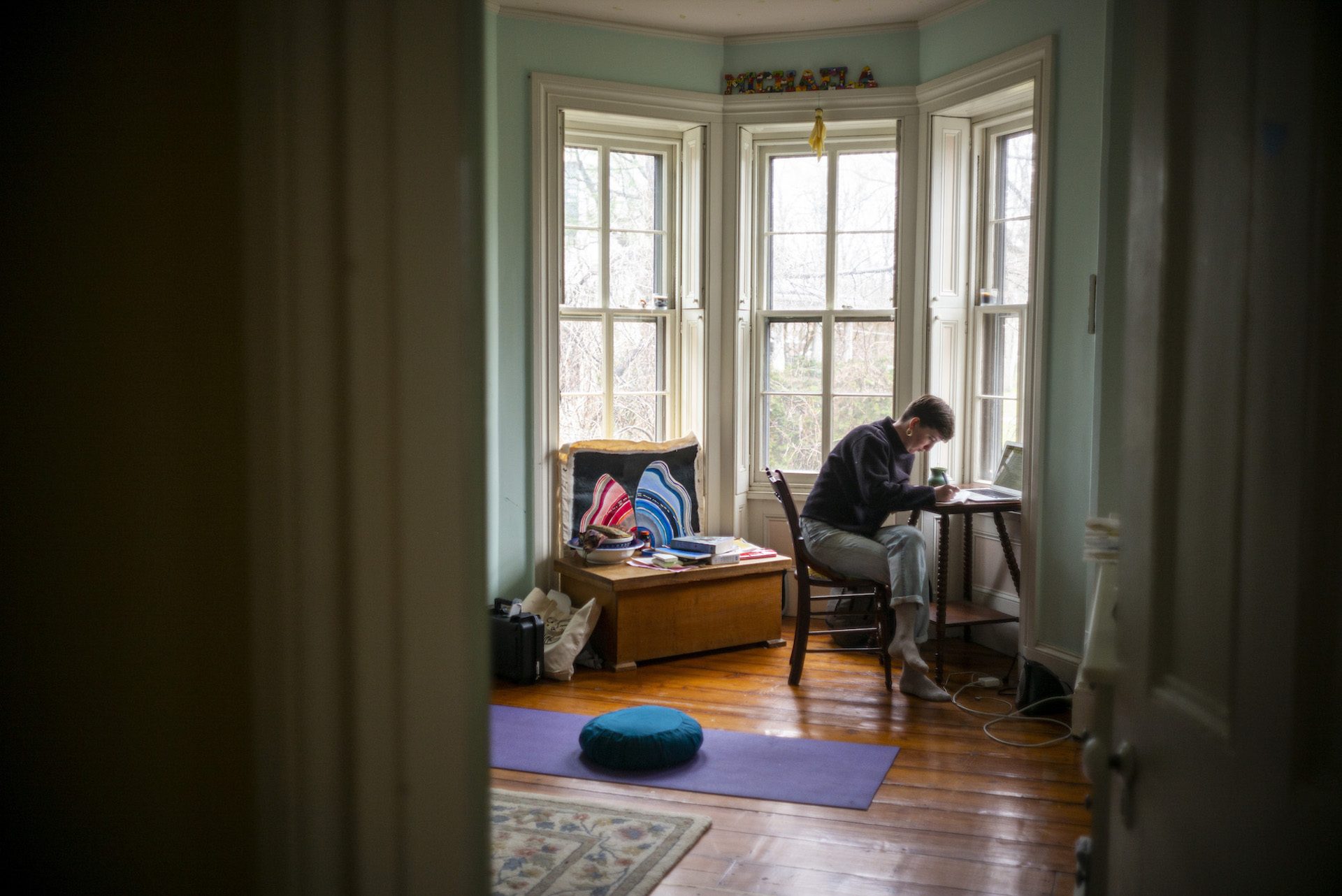Michaela Prell, Riley's sister, is a senior at Sarah Lawrence College. She set up a make-shift desk in her old bedroom since school shut down.