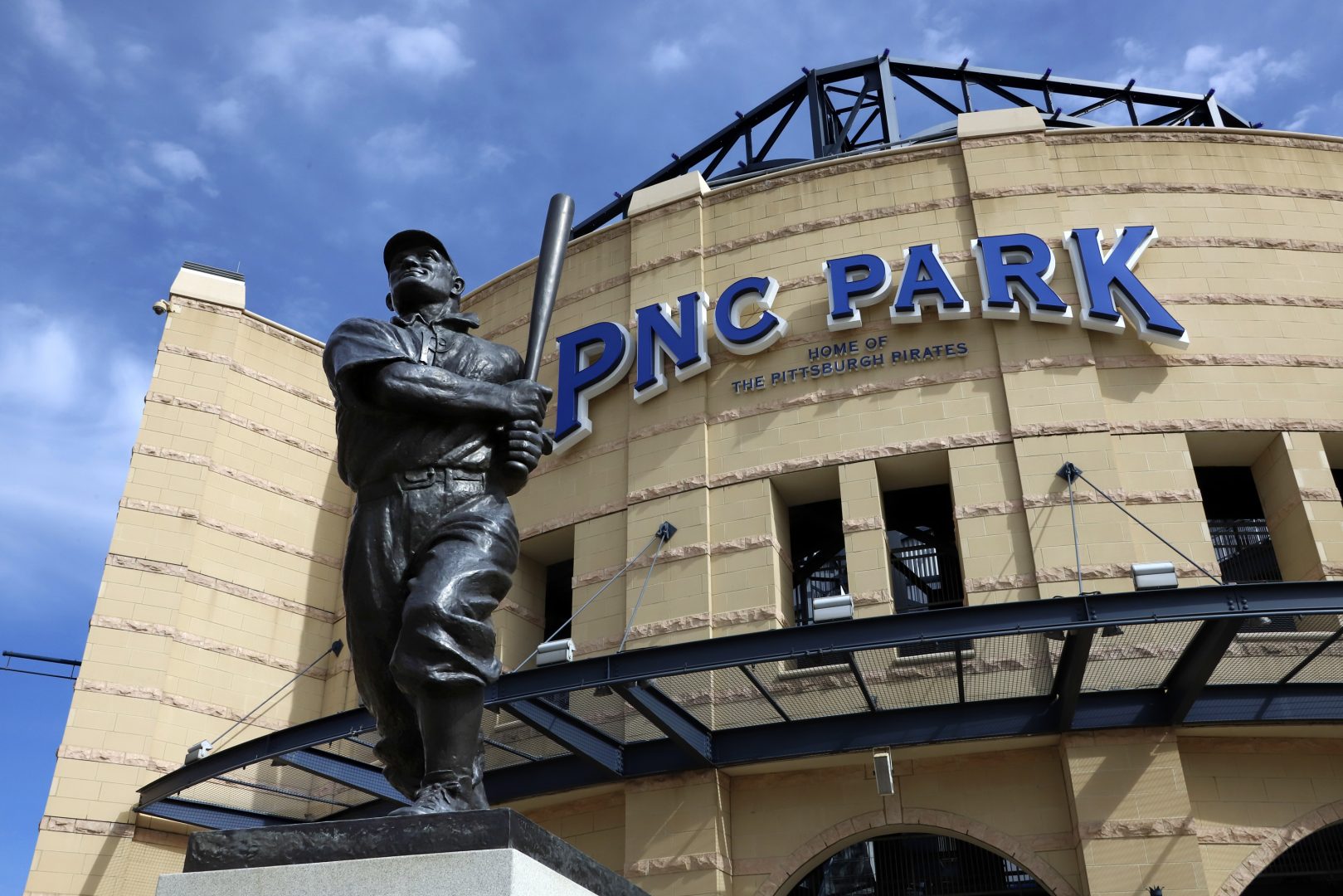 A statue of Pittsburgh Pirates Hall of Fame shortstop Honus Wagner stands in front of PNC Park, the home of the Pittsburgh Pirates on the Northside of Pittsburgh, Thursday, March 26, 2020. The Pirates were to have opened their season on March 26, 2020 in Tampa, against the Tampa Rays. 