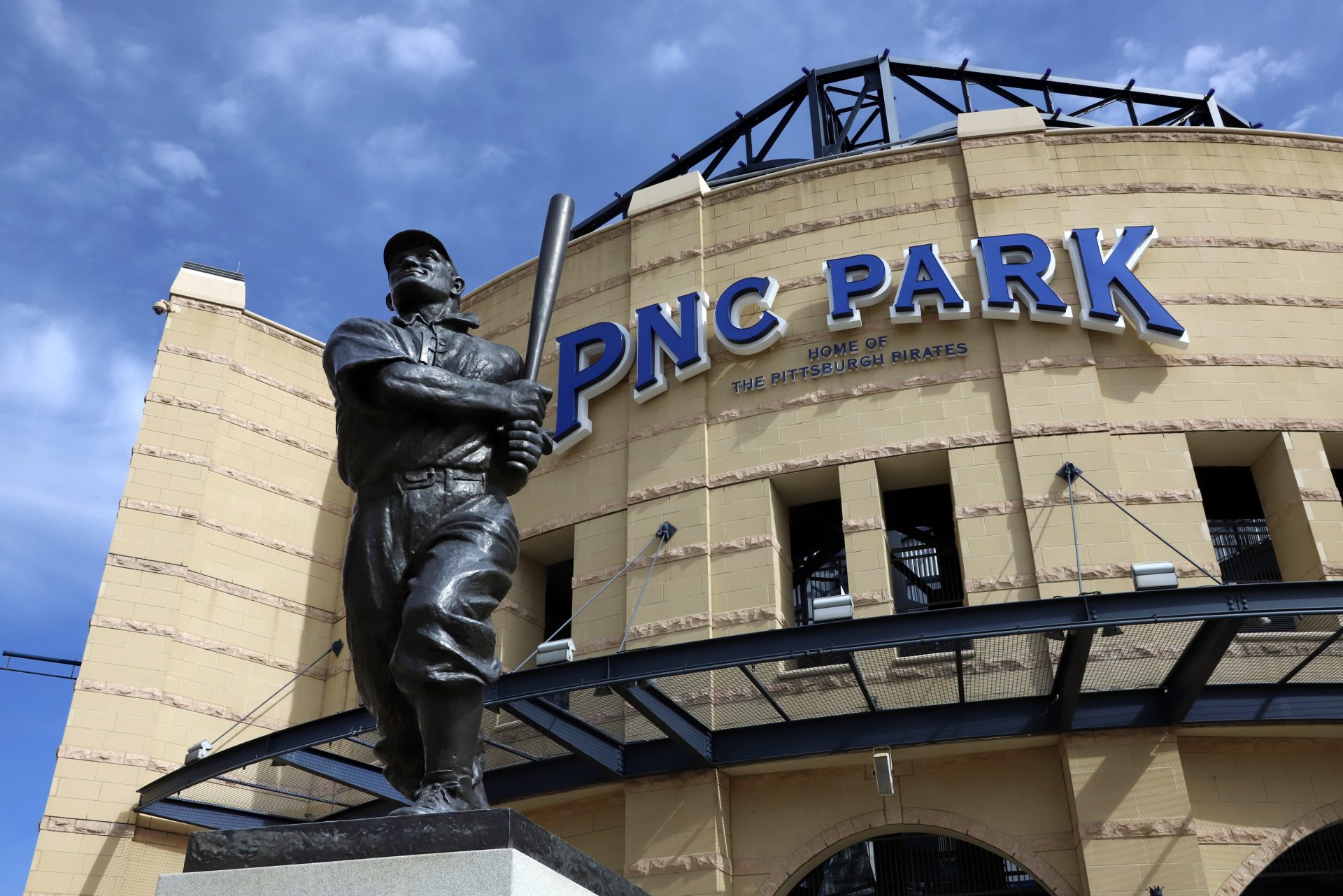 A statue of Pittsburgh Pirates Hall of Fame shortstop Honus Wagner stands in front of PNC Park, the home of the Pittsburgh Pirates on the Northside of Pittsburgh, Thursday, March 26, 2020. The Pirates were to have opened their season on March 26, 2020 in Tampa, against the Tampa Rays.