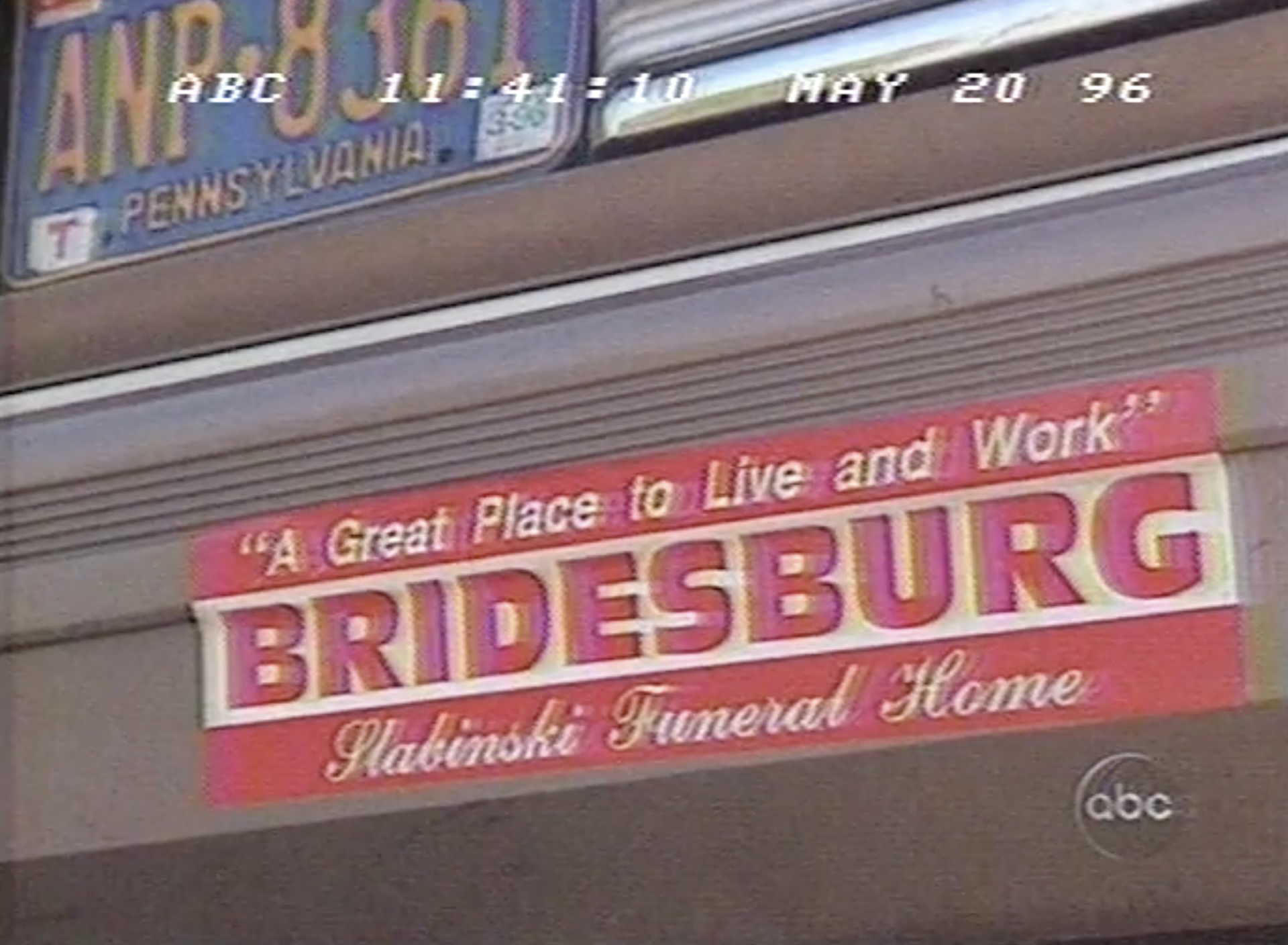 A bumper-sticker for the Slabinski Funeral Home appeared in Nightline's 1996 coverage of Bridesburg.