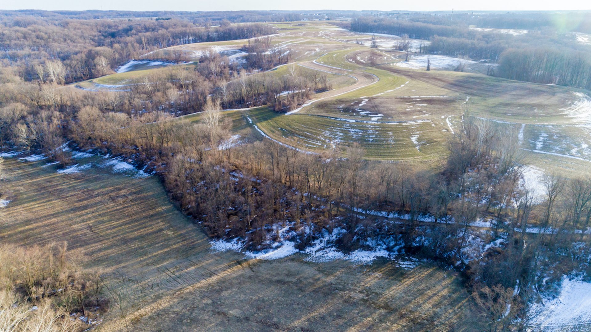 Big Elk Creek and hay fields in early spring in Elk Township, Pennsylvania.
