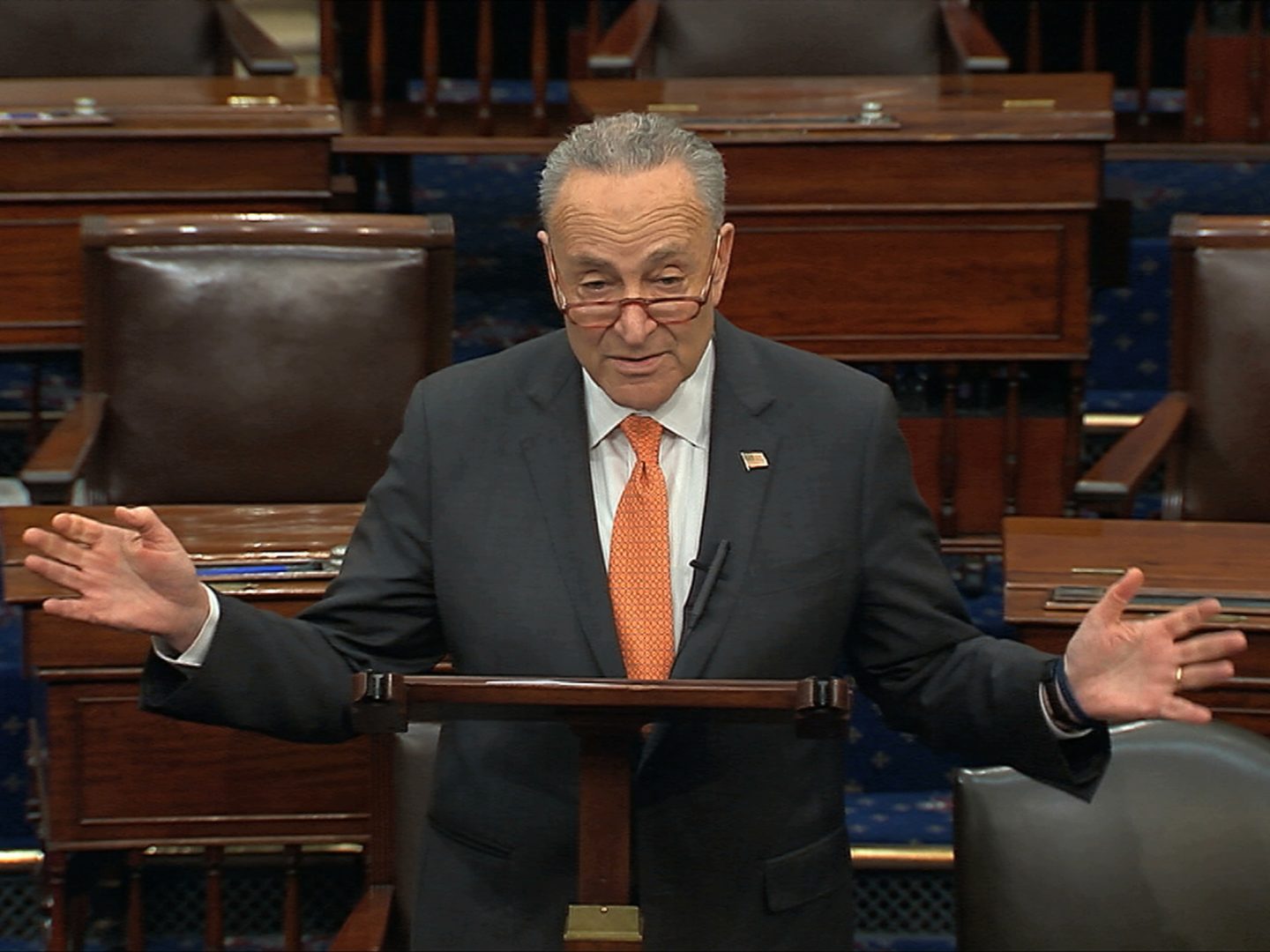 In this image from video, Senate Minority Leader Chuck Schumer speaks on the Senate floor on March 21, 2020.
