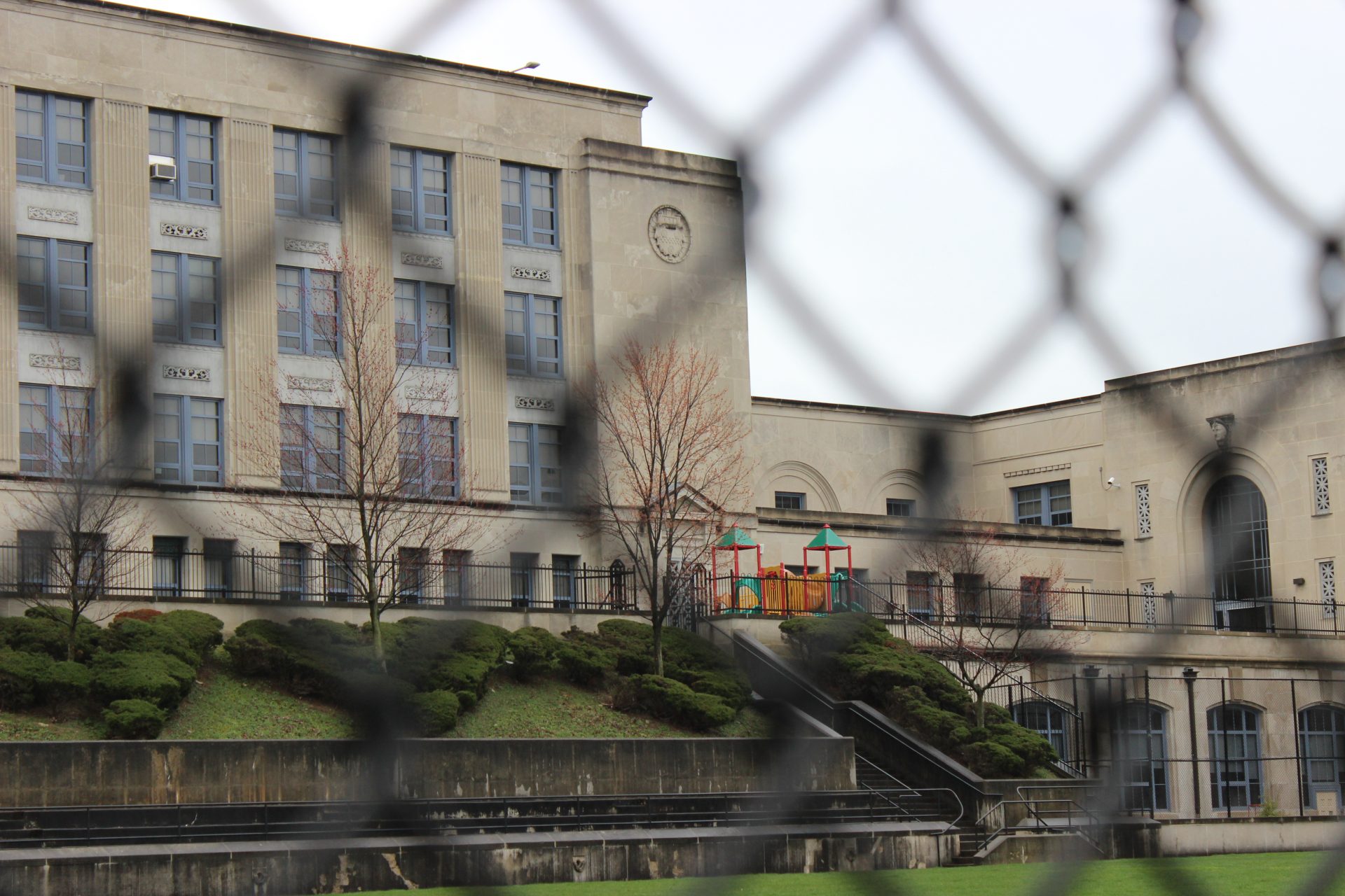 The playground of Arsenal Elementary and Middle School sits empty in Pittsburgh’s Lawrenceville neighborhood.