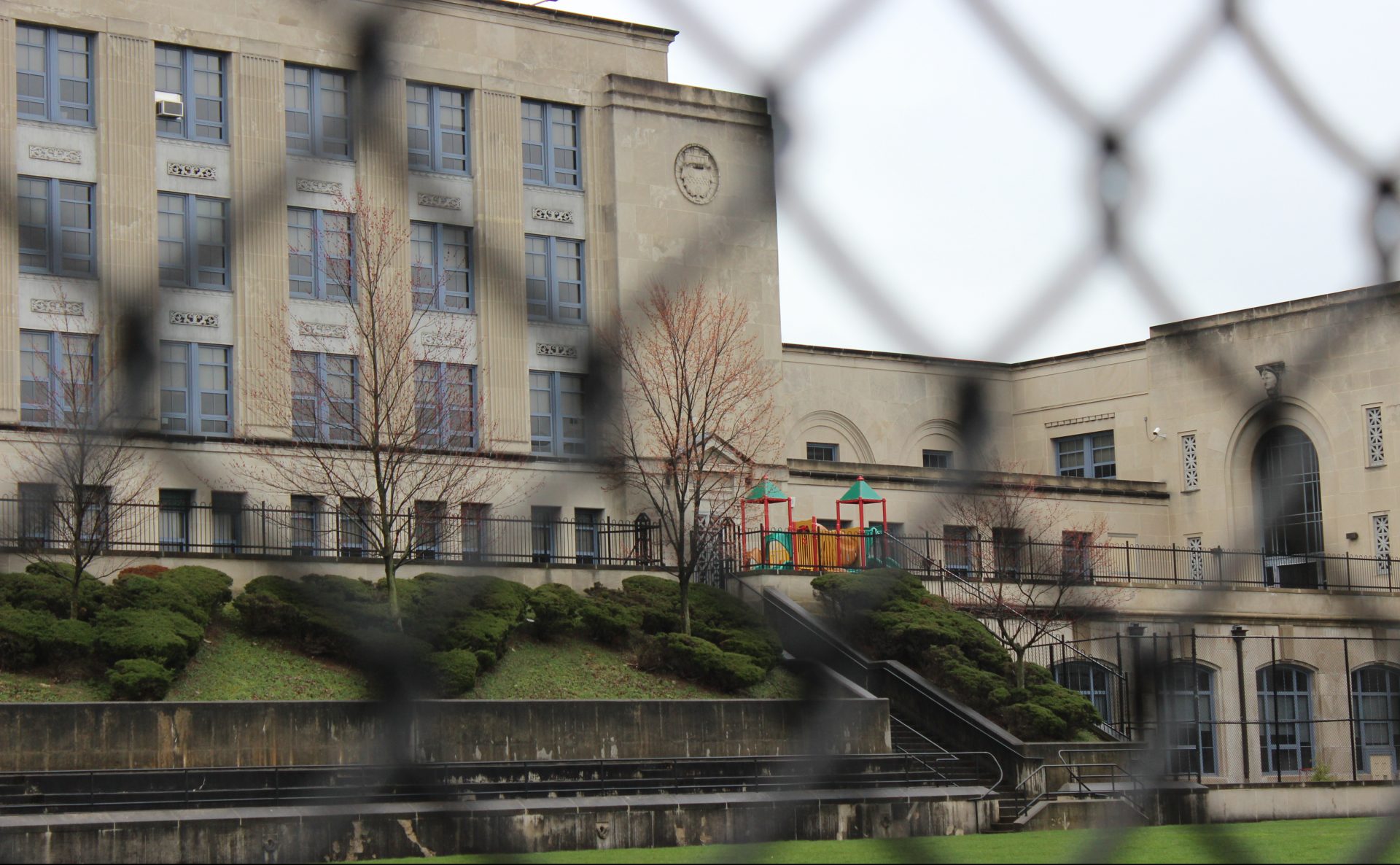 The playground of Arsenal Elementary and Middle School sits empty in Pittsburgh’s Lawrenceville neighborhood.