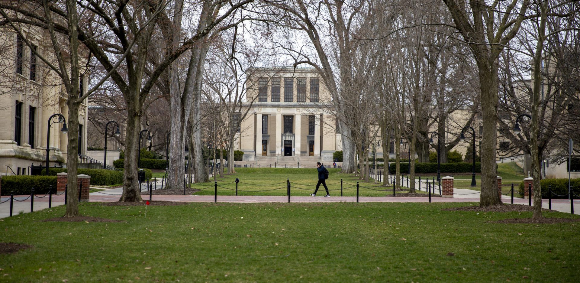 A view of the nearly empty mall on Penn State's University Park campus in March 2020. The university announced March 18, 2020, there would be no in-person classes for the rest of the semester.