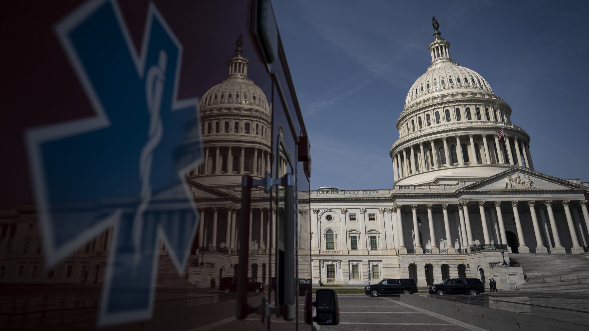 An ambulance sits outside the U.S. Capitol Monday.