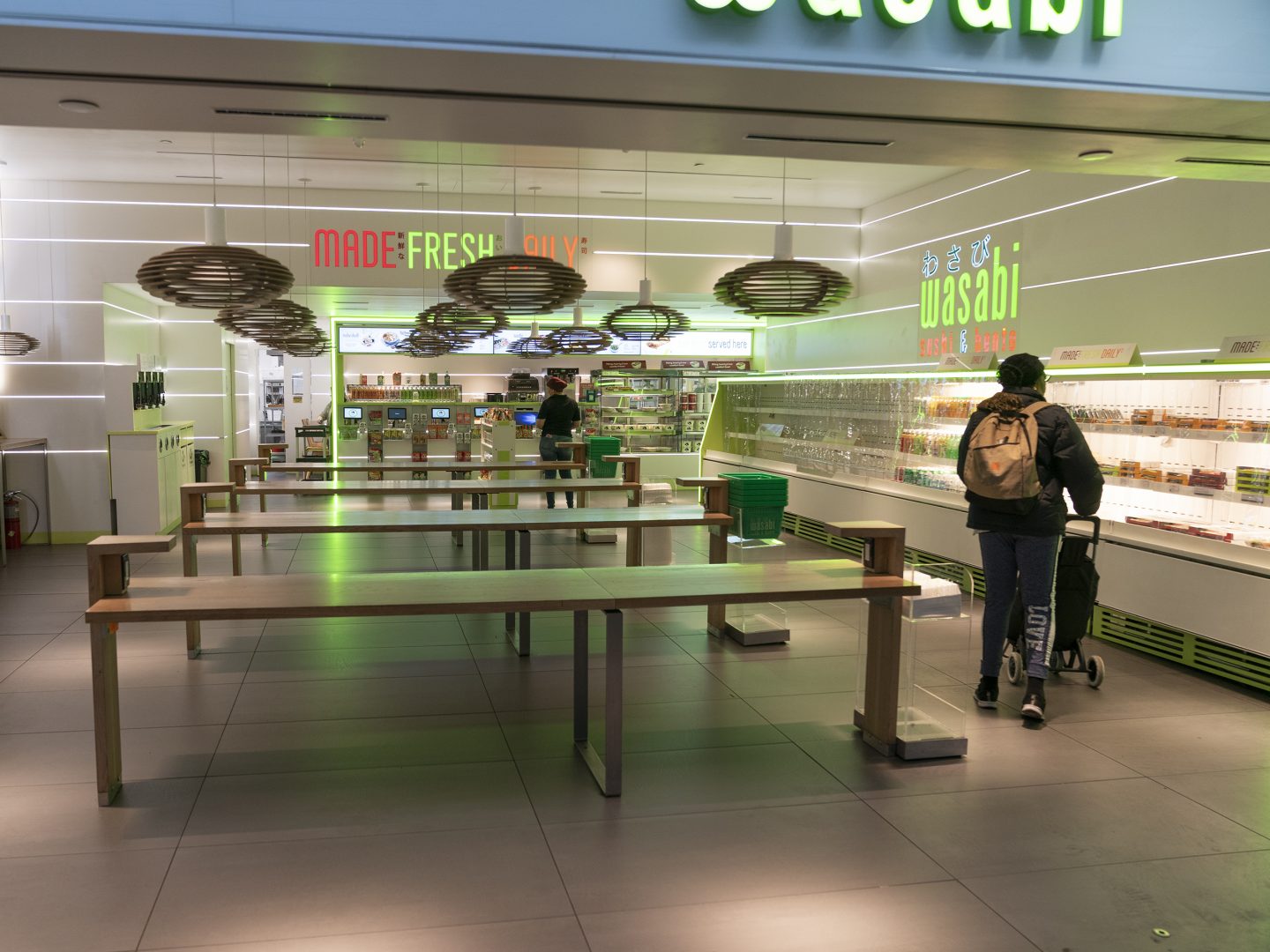 Food businesses are being urged to serve only take-out orders to reduce the spread of the novel coronavirus. Photo taken at the Wasabi Store in Penn Station in New York, Monday, March 16th, 2020.