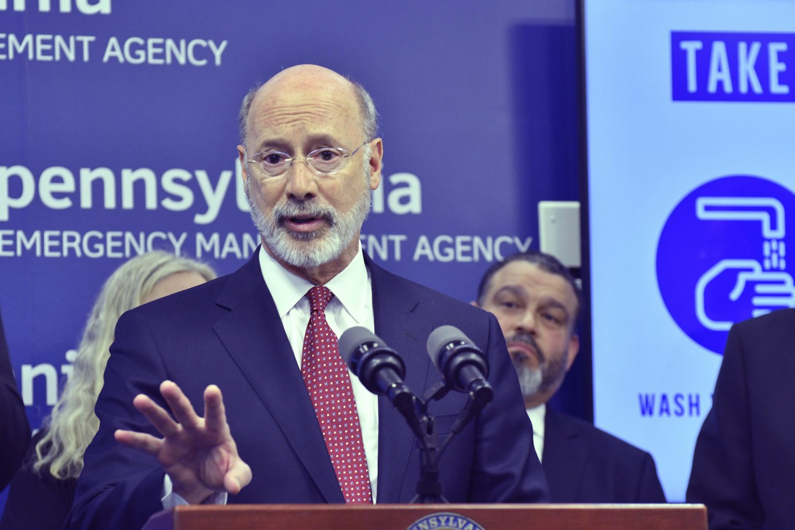 Gov. Tom Wolf of Pennsylvania speaks at a news conference at Pennsylvania Emergency Management Headquarters where he said he was ordering schools and other facilities to close in a suburban Philadelphia county, Montgomery County, that has been hard-hit by the COVID-19, Thursday, March 12, 2020 in Harrisburg.
