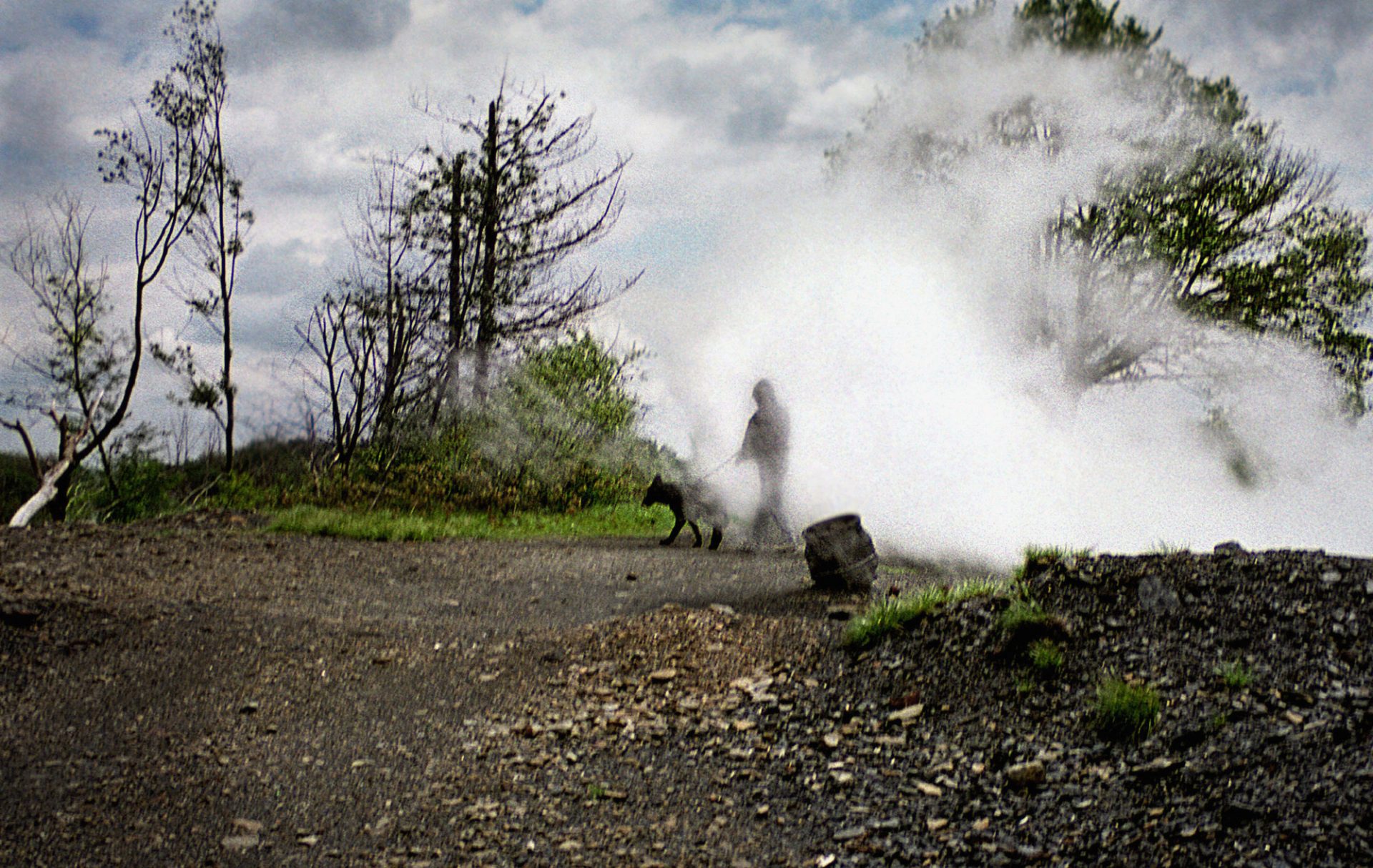 Steam from the Centralia mine fire doesn't keep residents from walking their dogs in the area on May 24, 2002. Evidence of people who have passed through - garbage, beer bottles, old tires - is everywhere in the hilltop area where steam is visible on wet or cooler days.