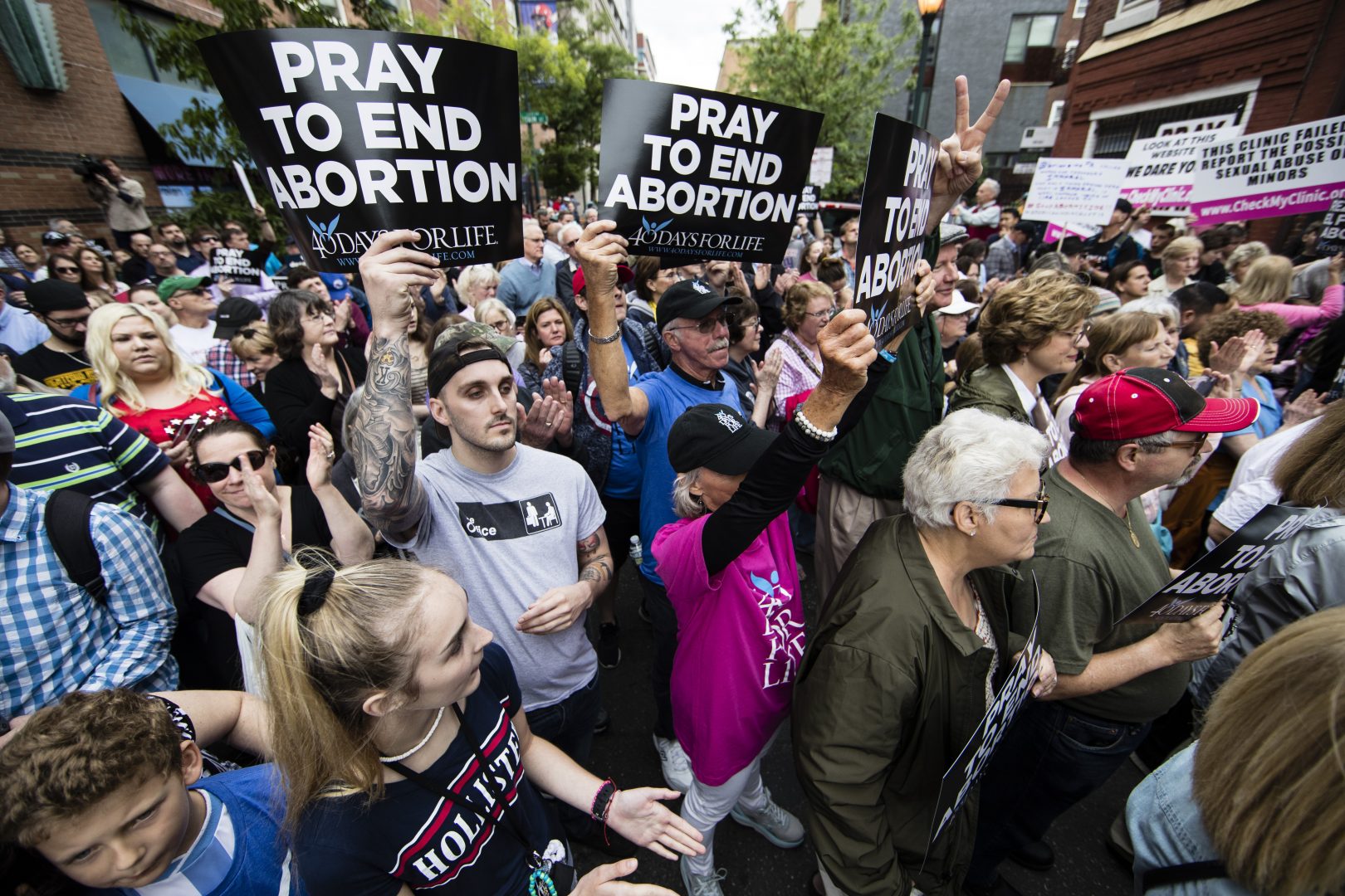 Anti-abortion protesters rally near a Planned Parenthood clinic in Philadelphia, Friday, May 10, 2019.