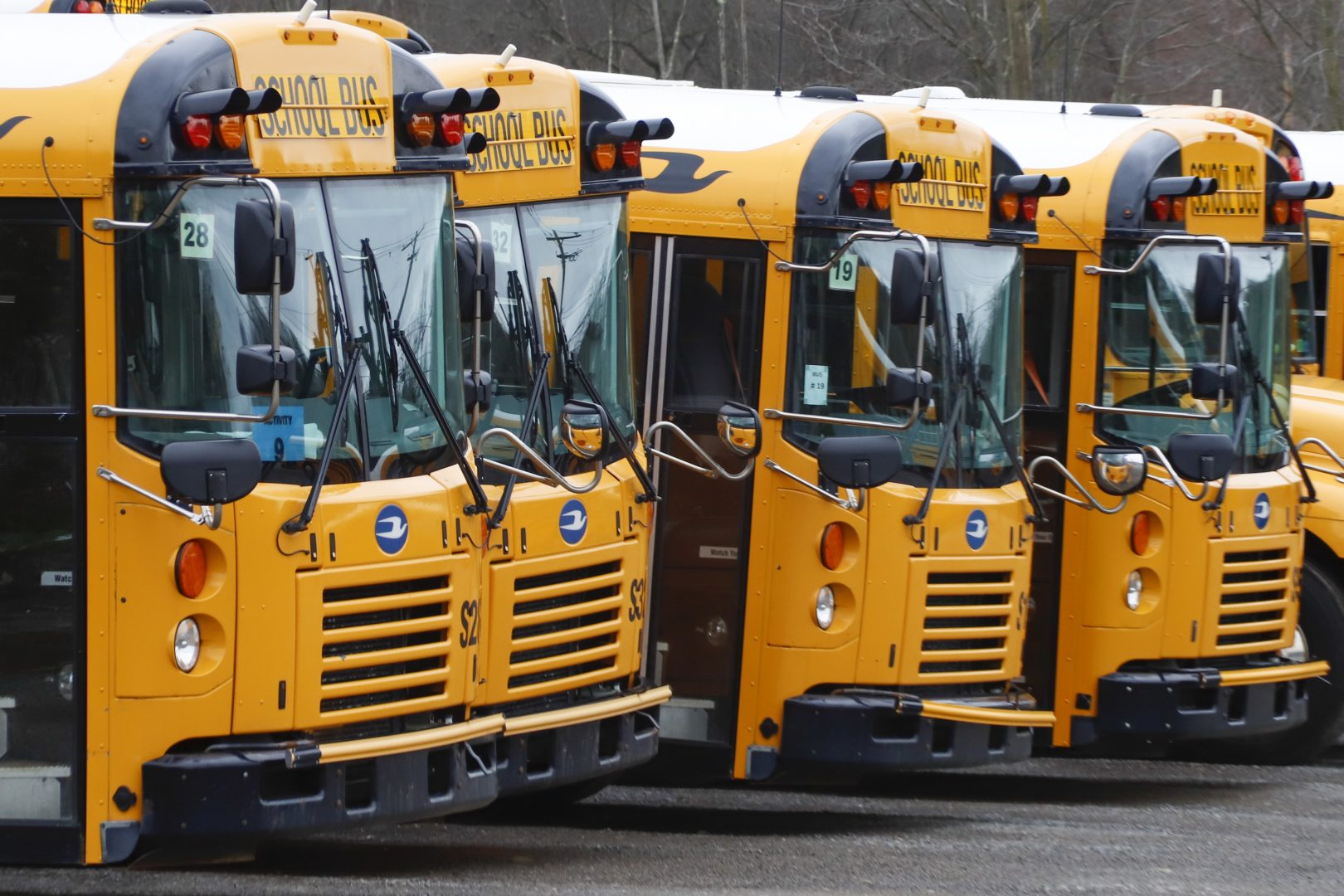 Parked school buses are lined up at the storage area while they are idled during school closings due to the COVID-19 and coronavirus outbreak, Monday, March 30, 2020, in Zelienople, Pa. 