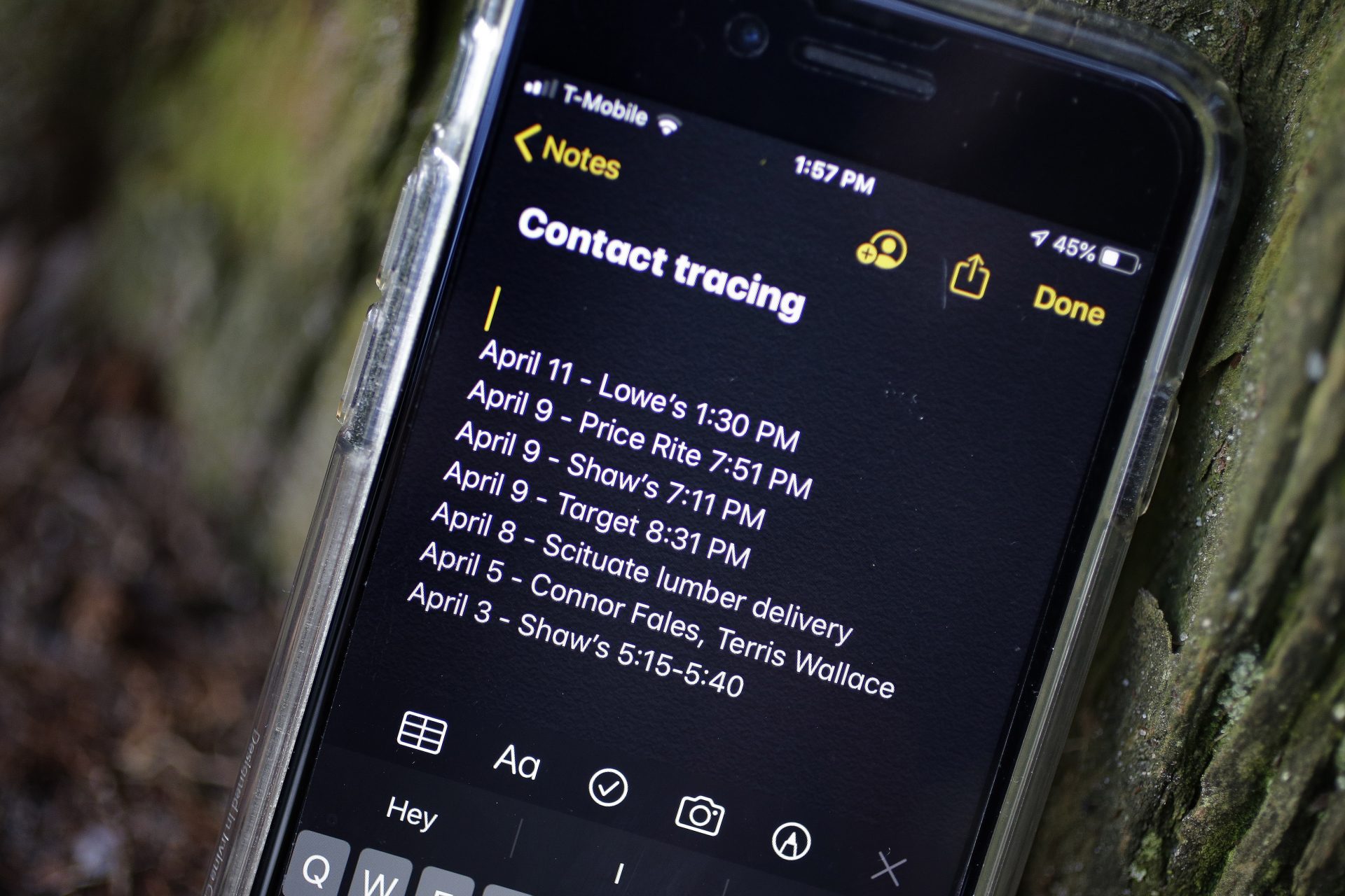 A smartphone belonging to Drew Grande, 40, of Cranston, R.I., shows notes he made for contact tracing Wednesday, April 15, 2020. Grande began keeping a log on his phone at the beginning of April.