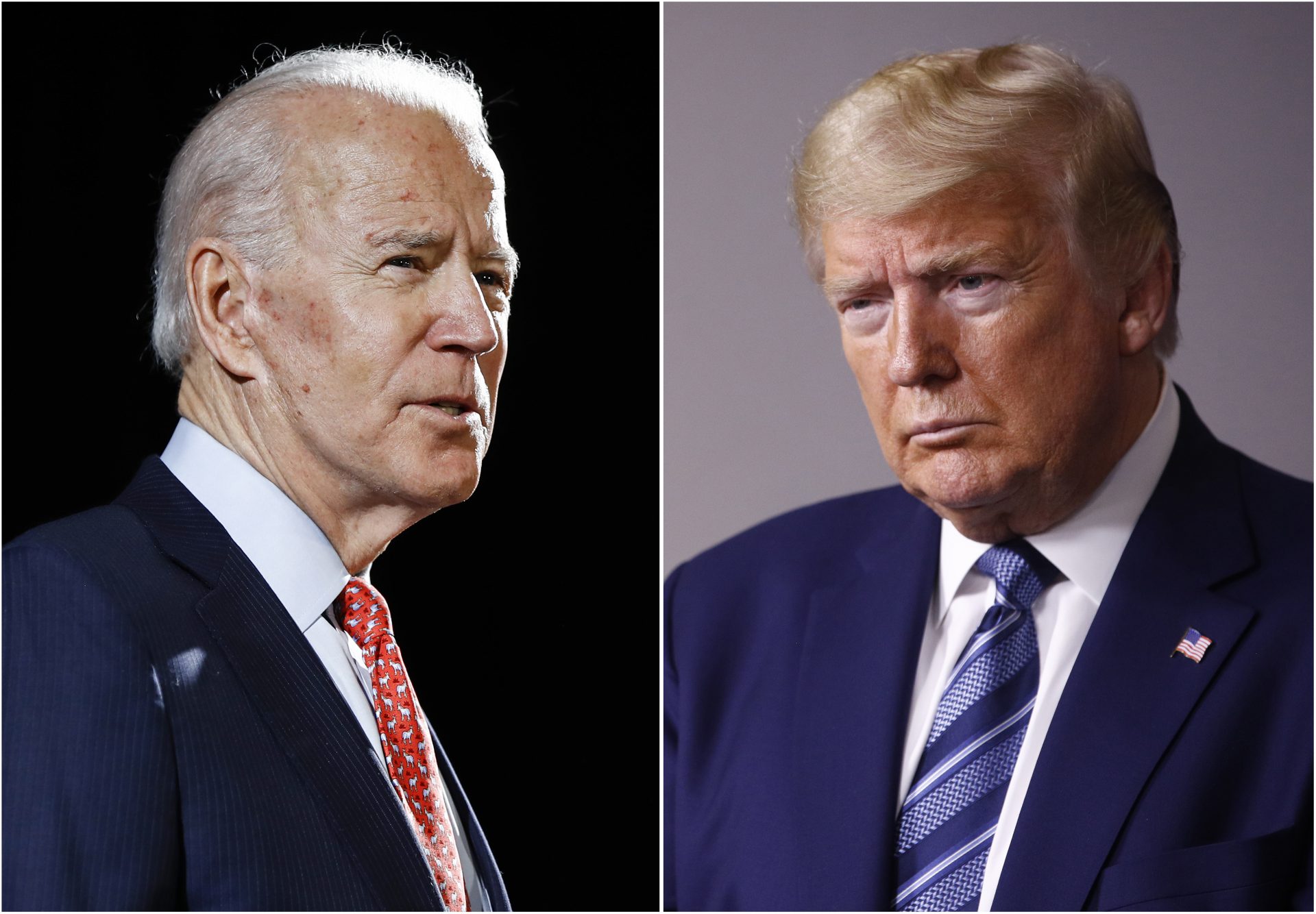 In this combination of file photos, former Vice President Joe Biden speaks in Wilmington, Del., on March 12, 2020, left, and President Donald Trump speaks at the White House in Washington on April 5, 2020.