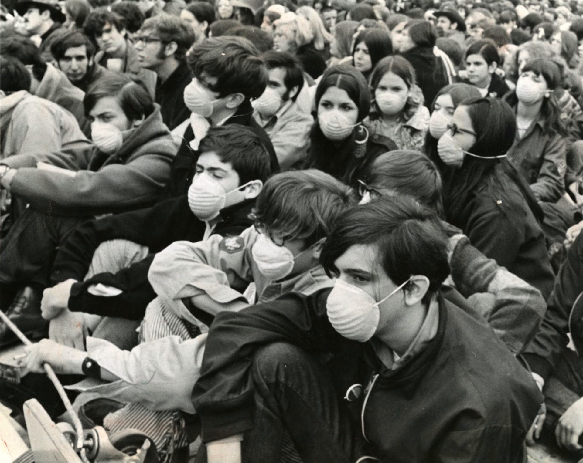 During an Earth Week rally at Independence Mall on April 21, 1970, many members of the audience opted to wear masks in an effort to show dissatisfaction with environmental policy.