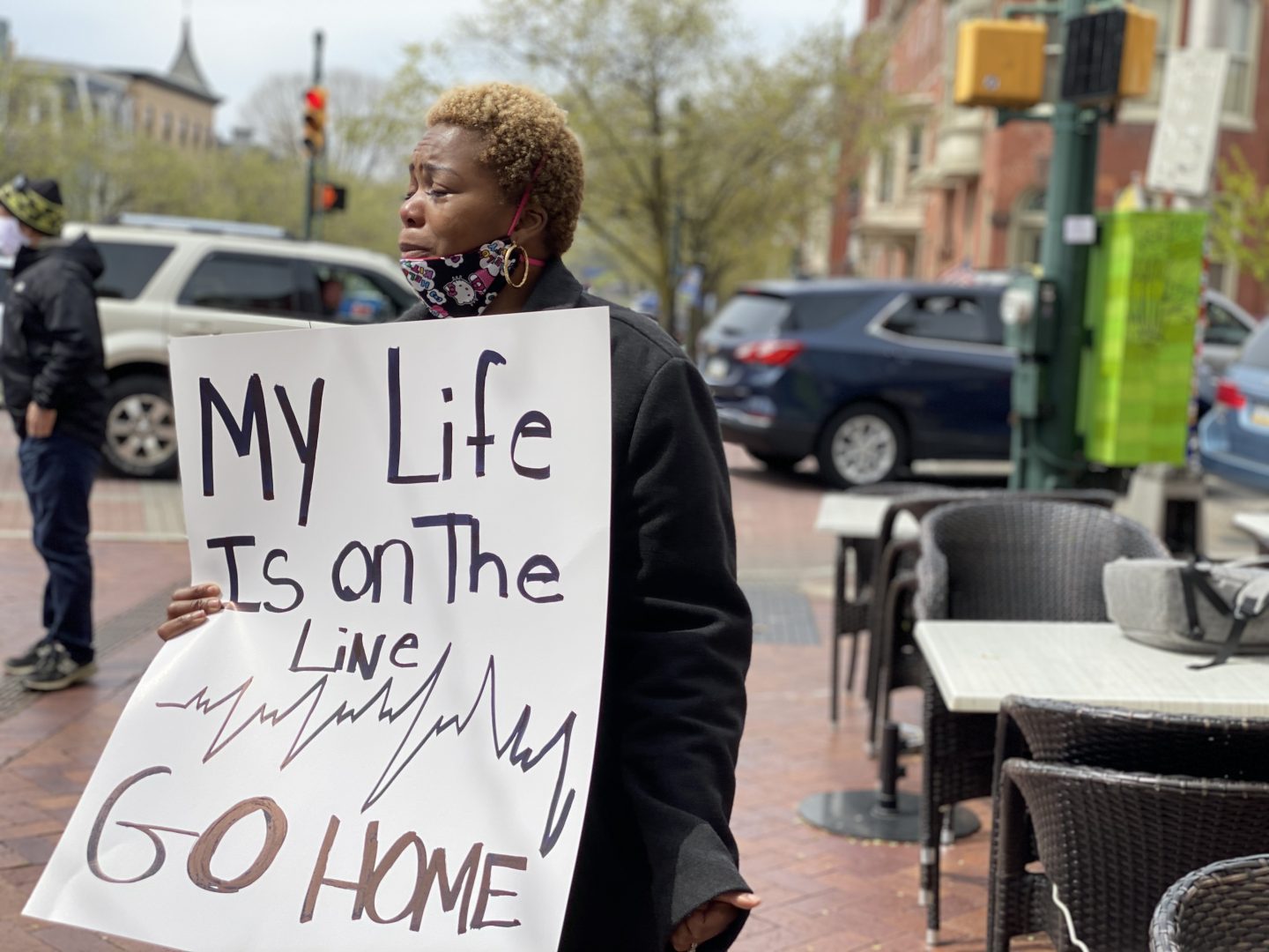 Yetta Timothy, a certified nursing assistant in Harrisburg, was among a small group of health care workers who showed up to counter-protest the larger April 20, 2020, rally urging the quick reopening of Pennsylvania's economy.