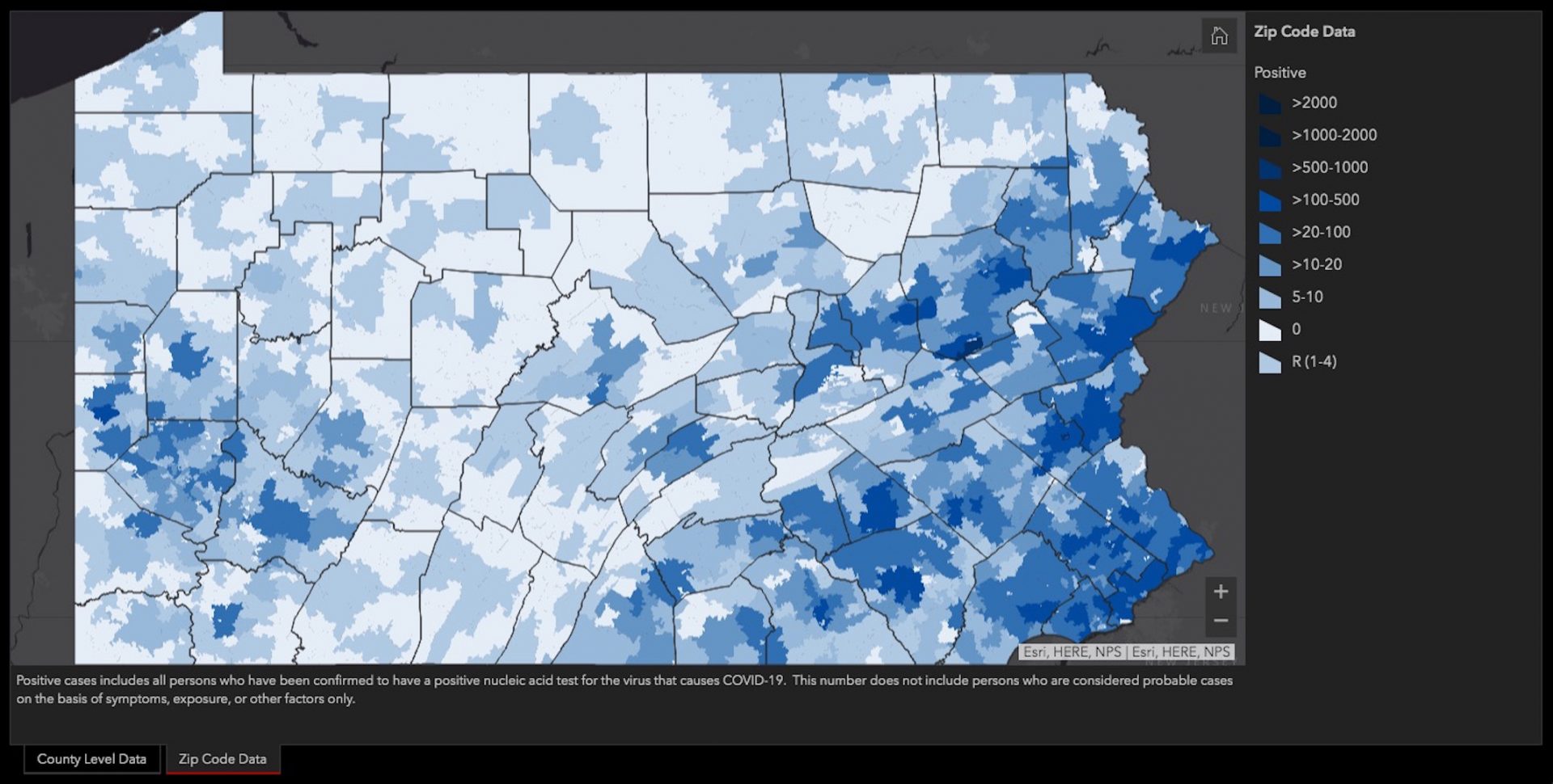 Screen capture of the Pennsylvania Department of Health zip code level map.
