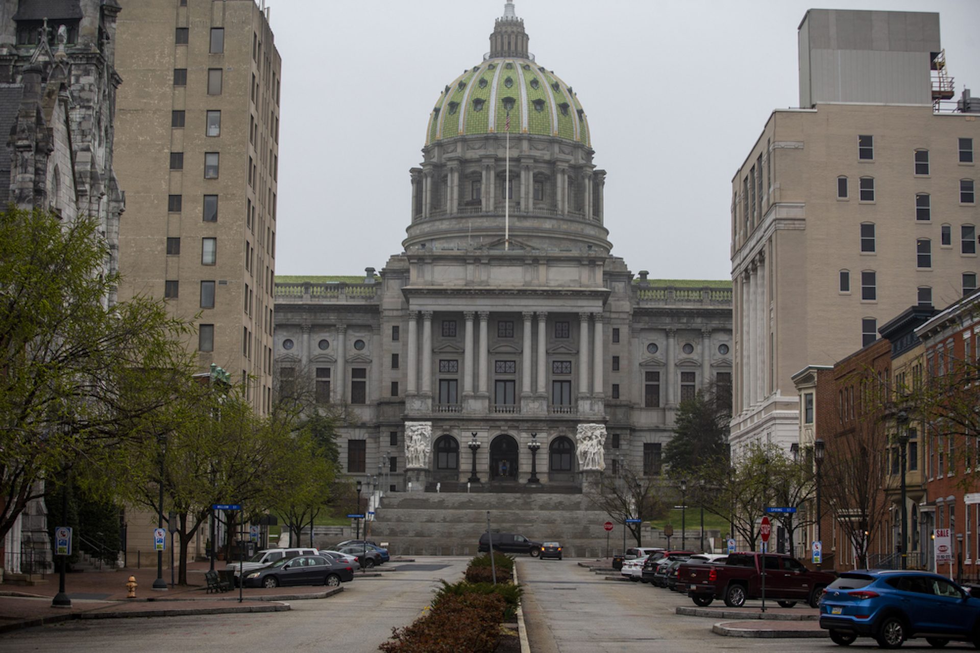 Downtown Harrisburg, looking at the State Capitol on State St., is mostly deserted during the coronavirus pandemic, Sunday, March 29, 2020.