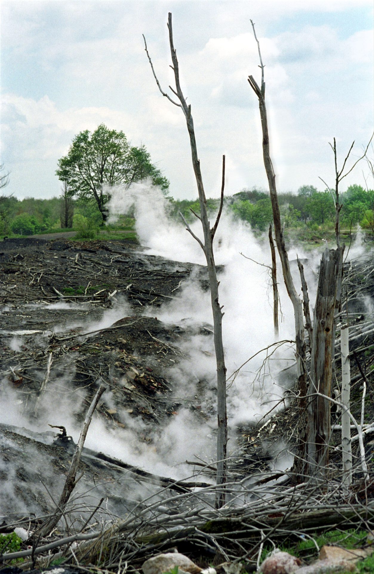 Steam rises from the Centralia mine fire in the area where the fire is close to the surface on May 24, 2002. The fire started in 1962.