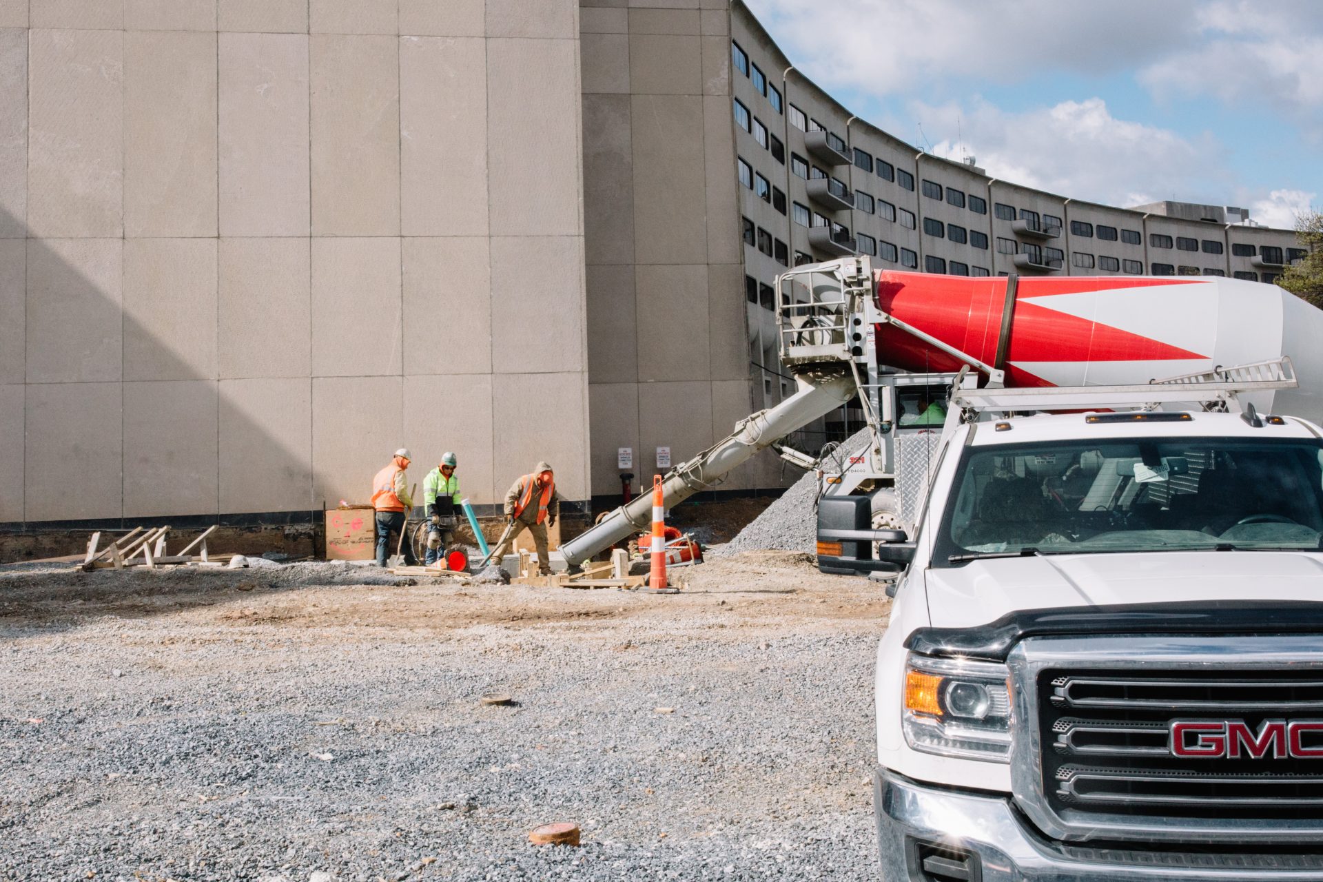 Construction crews work outside of Penn State Health's Milton S. Hershey Medical Center on April 10, 2020.