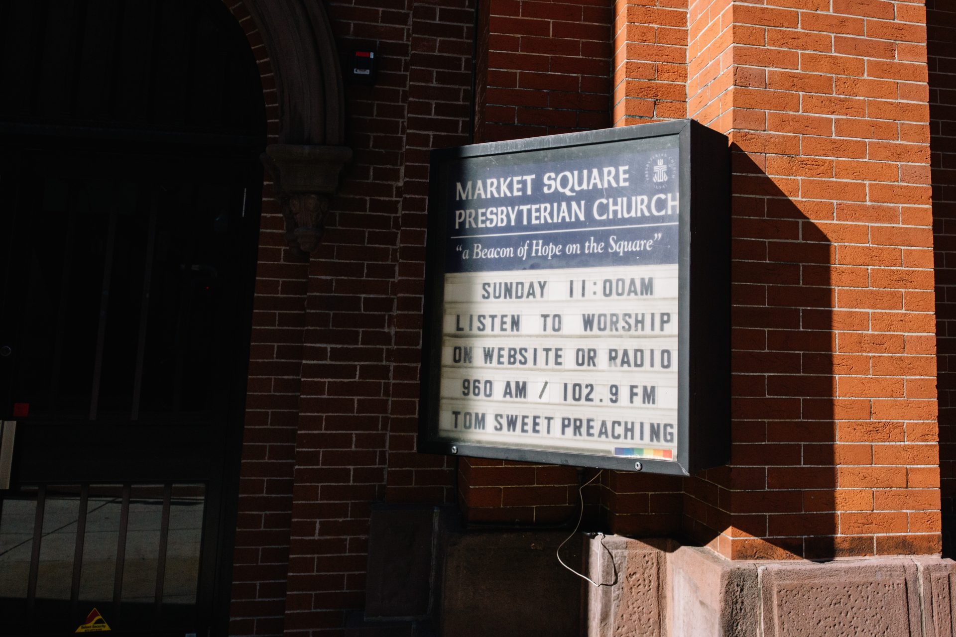 A sign promotes virtual services at Market Square Presbyterian Church in Harrisburg on April 10, 2020.