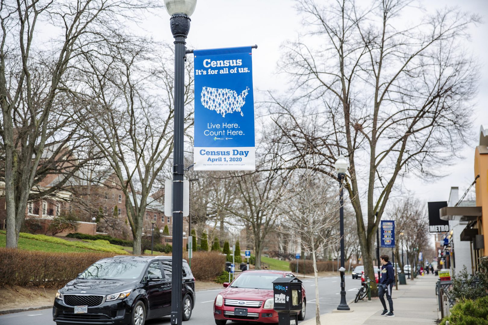 The State College borough hung banners about the census before Penn State switched to remote learning for the rest of the spring semester.