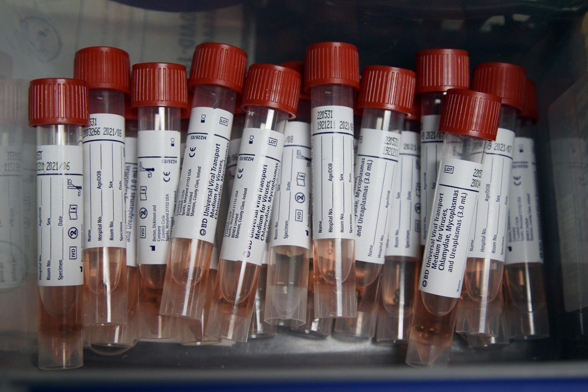 Vials used in the test to detect the presence of COVID-19 are seen at a testing site affiliated with the Methodist Health System, in Omaha, Neb., Friday, April 24, 2020. (AP Photo/Nati Harnik)