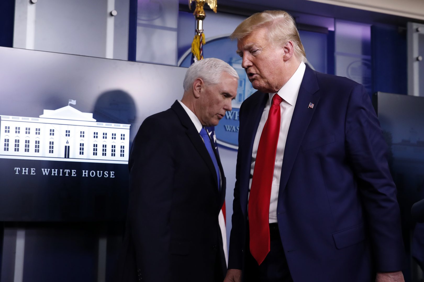 President Donald Trump turns from the podium to depart as Vice President Mike Pence steps up to speak about the coronavirus in the James Brady Press Briefing Room of the White House, Monday, April 6, 2020, in Washington. 