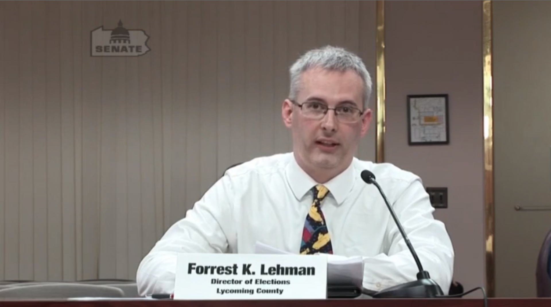 Lycoming County Director of Elections Forrest Lehman testifies before the Pennsylvania Senate Majority Policy Committee Jan. 27, 2020.