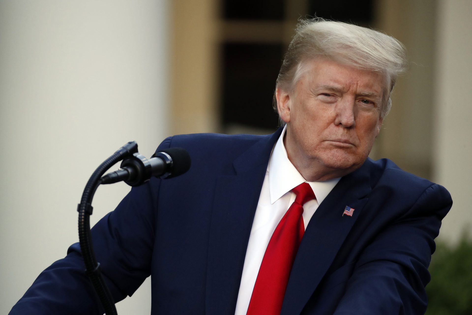 President Donald Trump listens to a question as he speaks about the coronavirus in the Rose Garden of the White House, Monday, April 27, 2020, in Washington.