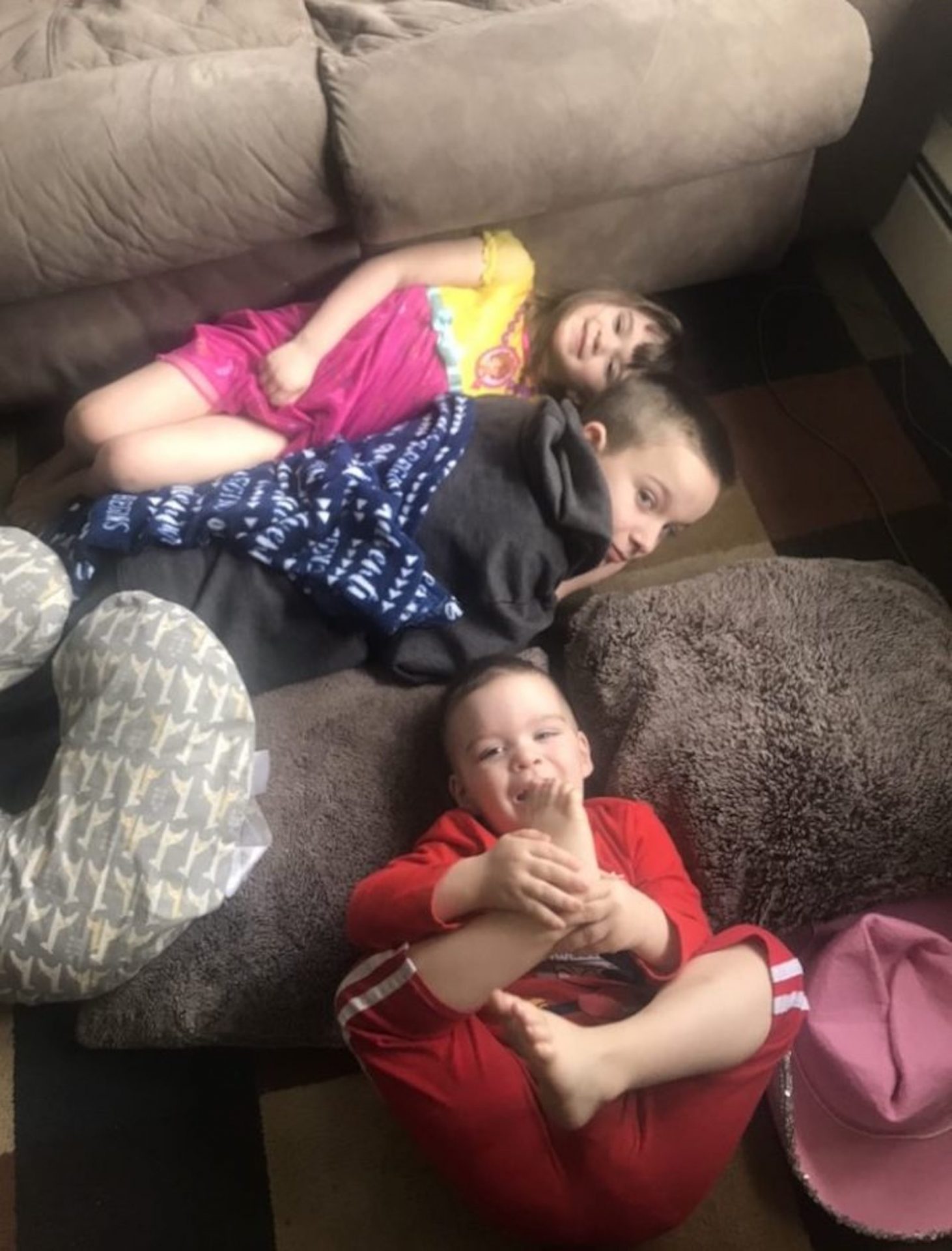 Big brother Jake Perine, 9 1/2 years old, never has to ask his siblings Charlotte Wagenseller, nearly 5, and Brandon Wagenseller, 2 1/2, where’s the love; he moves, and they move, says mom Amanda Wagenseller.